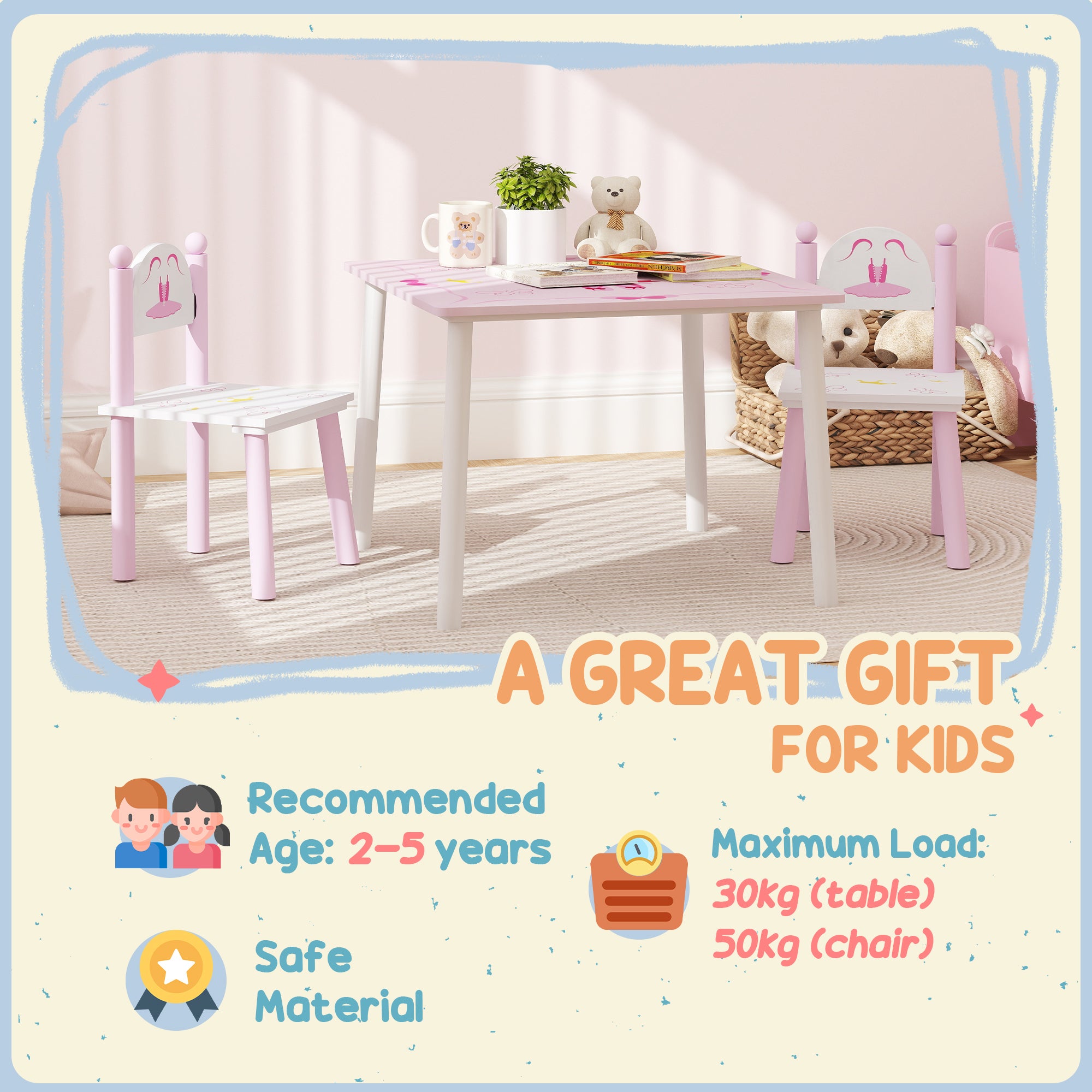 AIYAPLAY Princess-Designed Kids Table and Chairs Set for Activity, Art, Drawing, Toddler Table and Chairs Set for Playroom