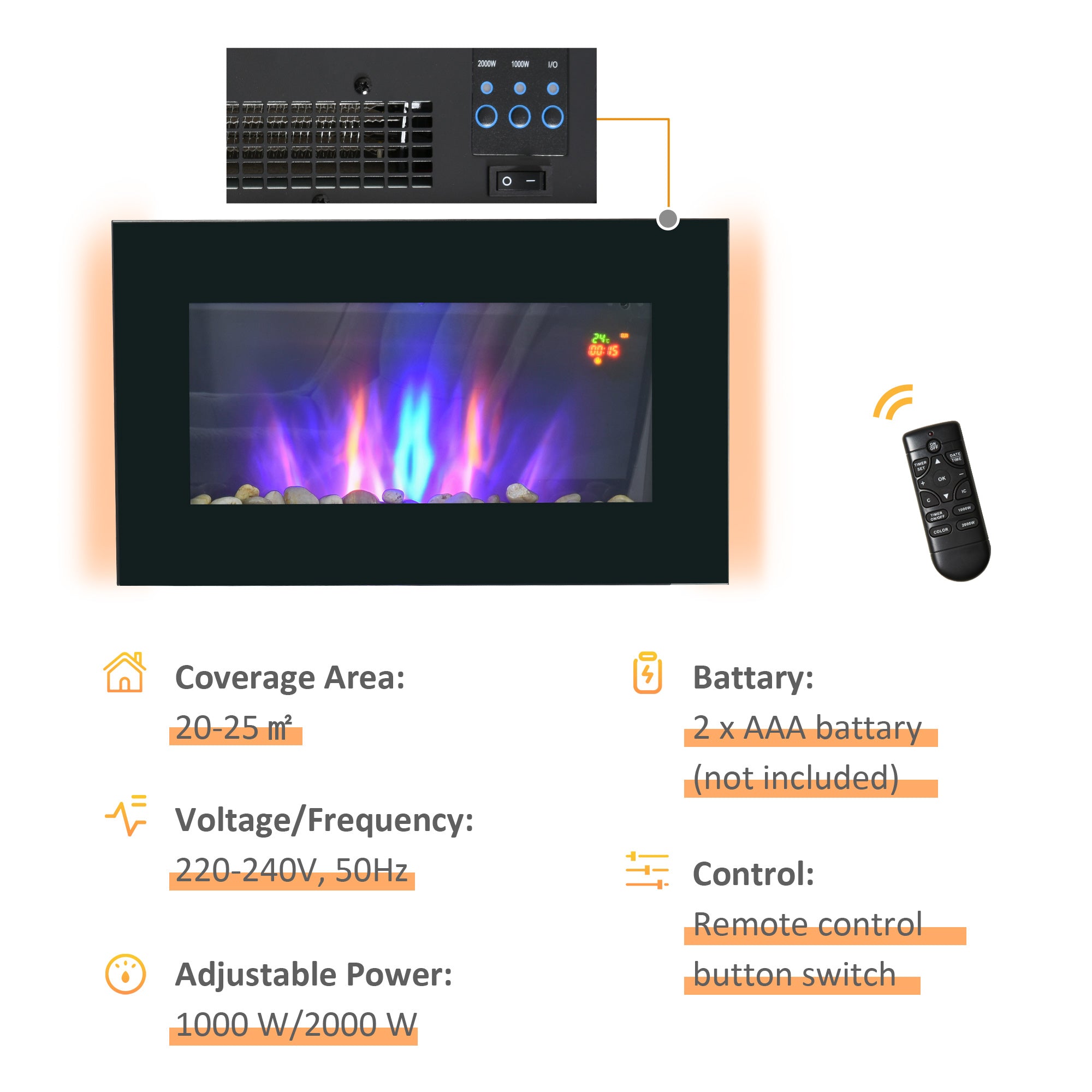 Fynco - 1000W/2000W Electric Wall Fireplace w/ LED Flame Effect Timer Remote Sleek Stylish Safe Home Heating 20-25㎡
