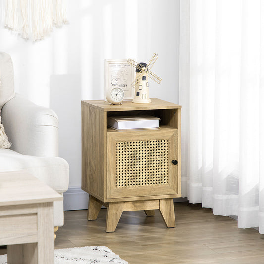 Narrow Rattan Nightstand, Side End Table with Shelf and Cupboard, 39cm x 35cm x 60cm, Natural