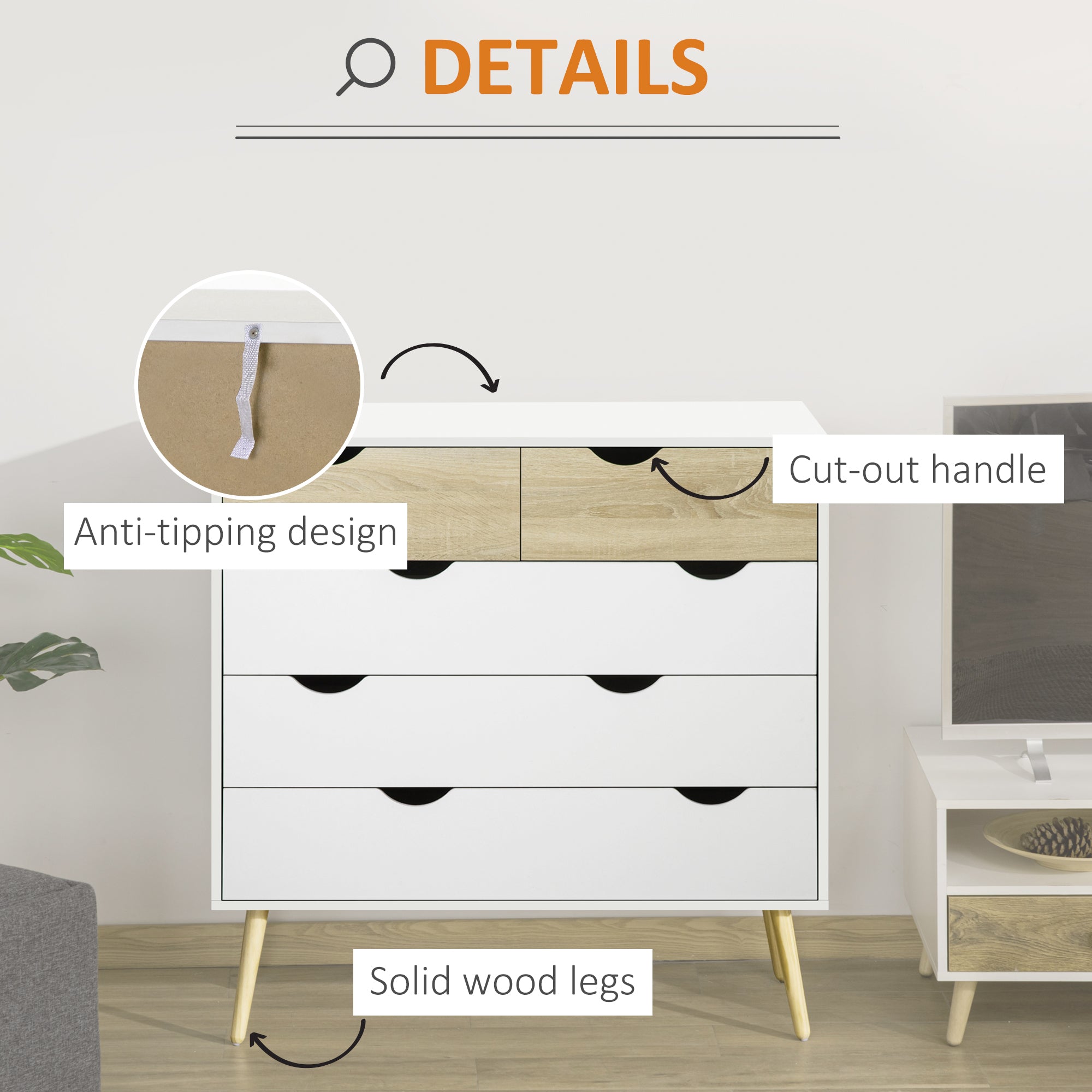 Nordic Style Chest of Drawers, 5 Drawer Dresser with 4 Tapered Legs and Groove Handles, Storage Organiser Side Cabinet for Bedroom, Living Room