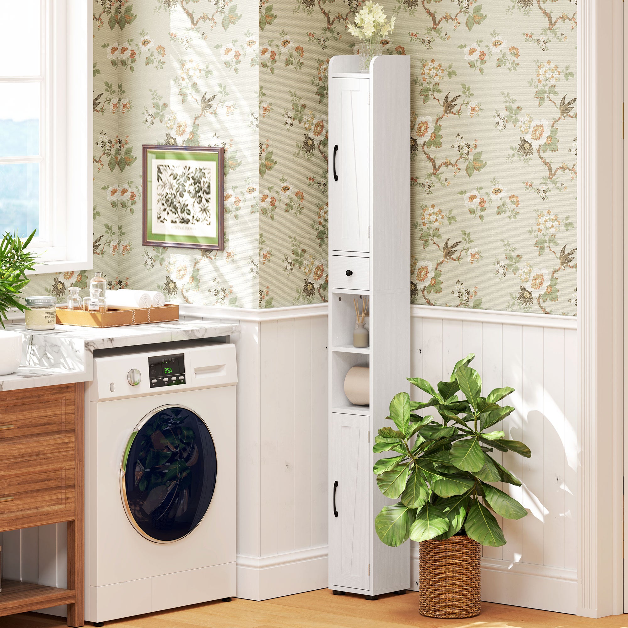 Fynco - Tall Bathroom Cabinet, Farmhouse Slim Bathroom Storage Cabinet with Barn Doors, Toilet Paper Roll Holder, Drawer and Adjustable Shelves, Narrow Bathroom Storage Unit, 20 x 20 x 185cm, White