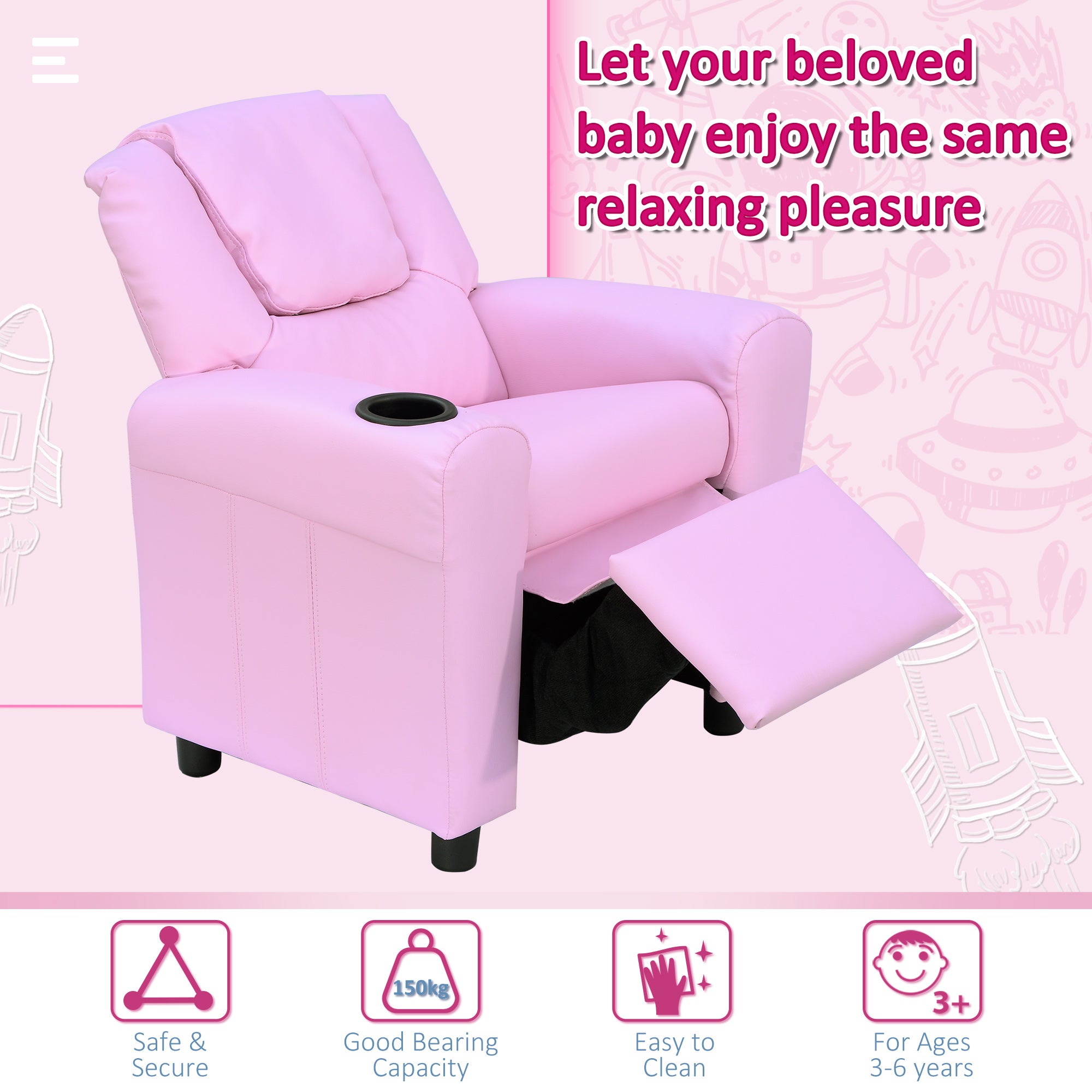 Kids Recliner Chair, PU Leather with Adjustable Backrest, Footrest, Padded Headrest, Pink