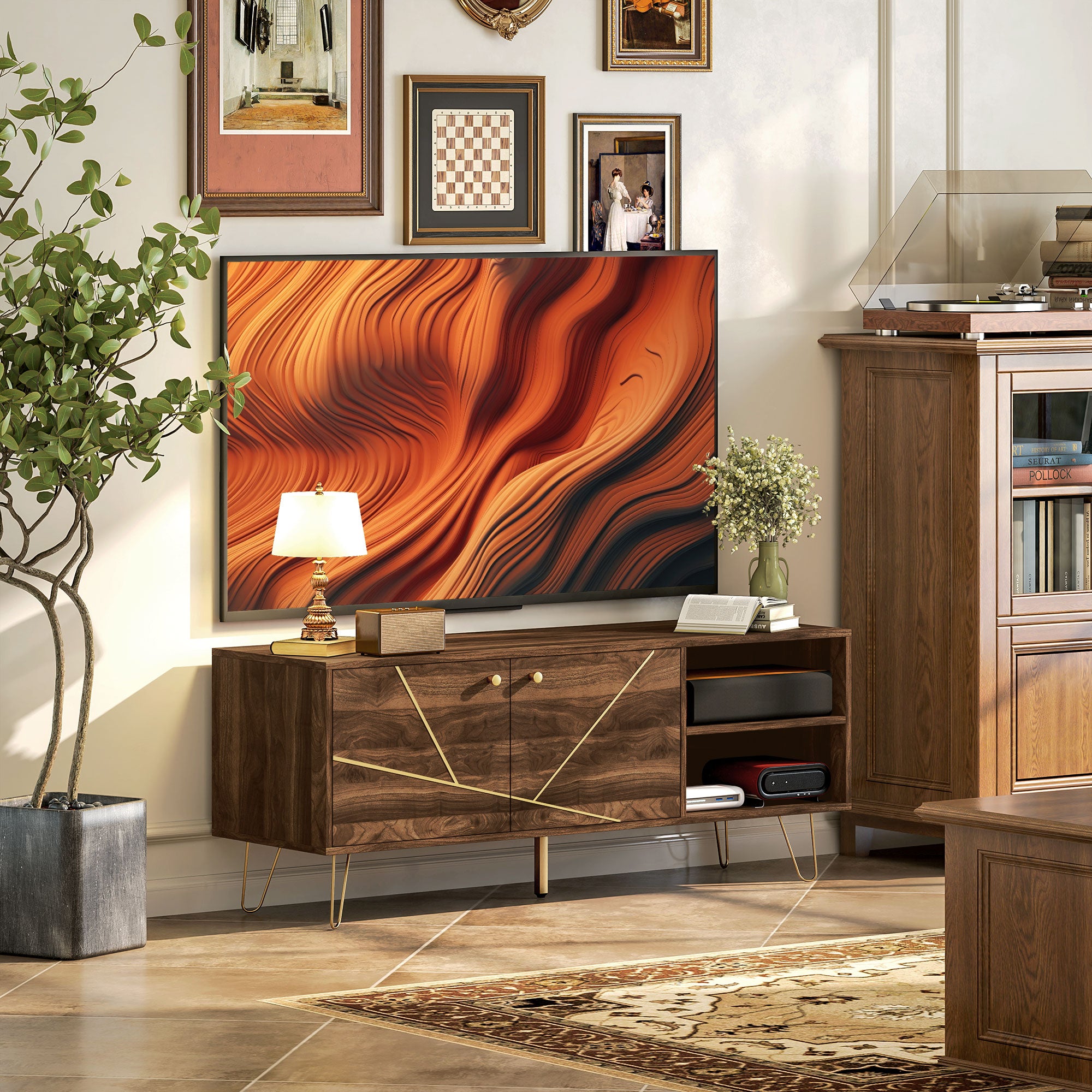 TV Stand Cabinet for up to 60 Inch TV, Modern 130cm TV Unit with Adjustable Shelves and Hairpin Legs, Double Door TV Cabinet for Living Room, Bedroom, Brown