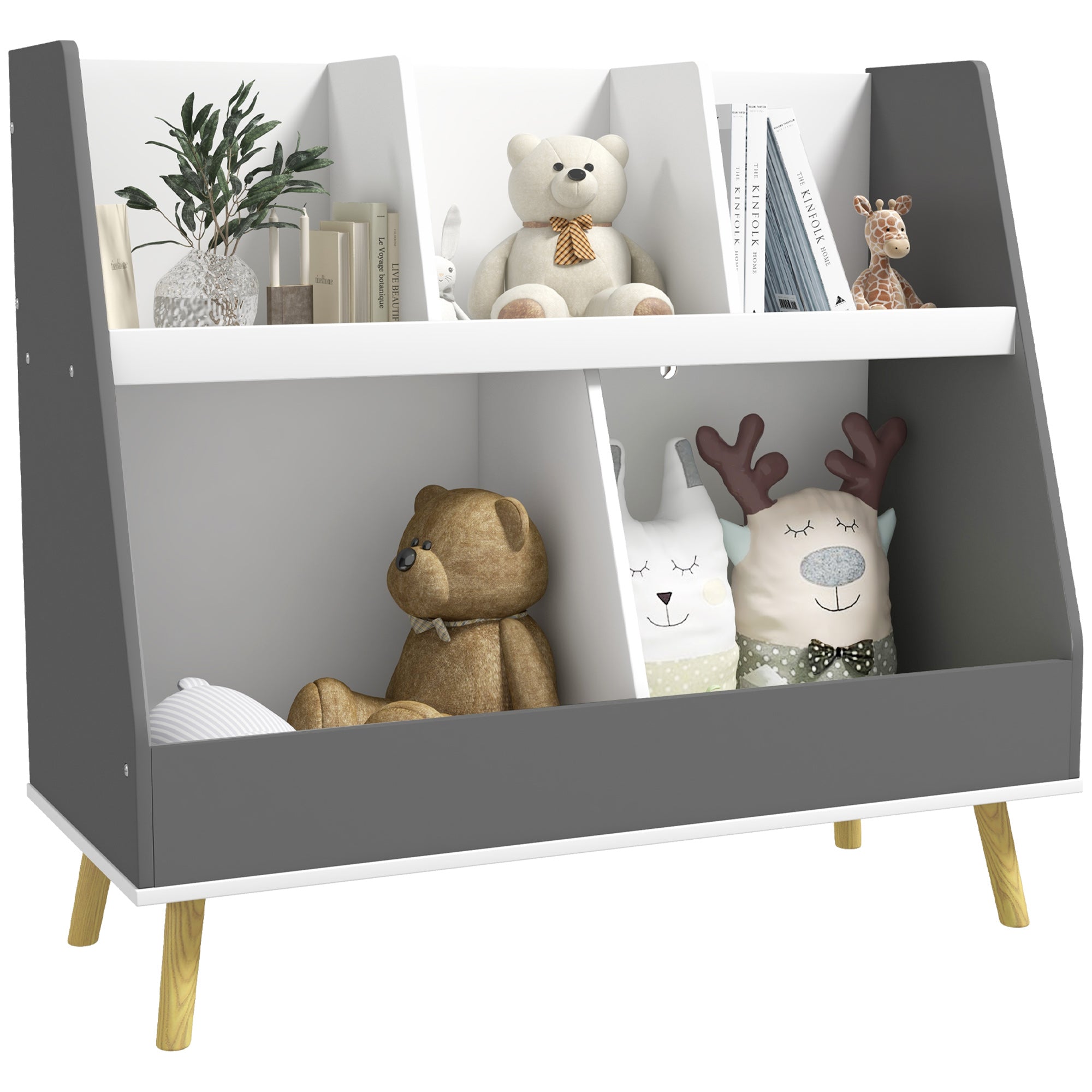 Two-Tier Kids Storage Shelf, with Five Compartments, Anti-Tip Device - Grey
