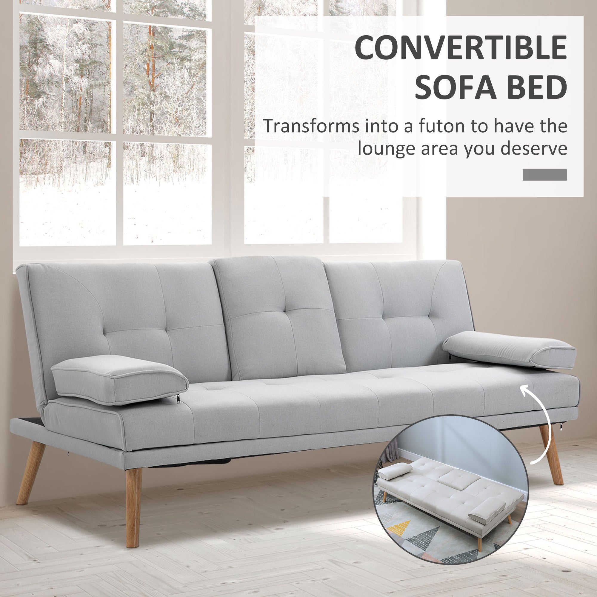 Fabric Click Clack Sofa Bed with 2 Cup Holders, Convertible Futon Settee, Futon Recliner Lounge for Living Room, Spare Room, Bedroom, Grey