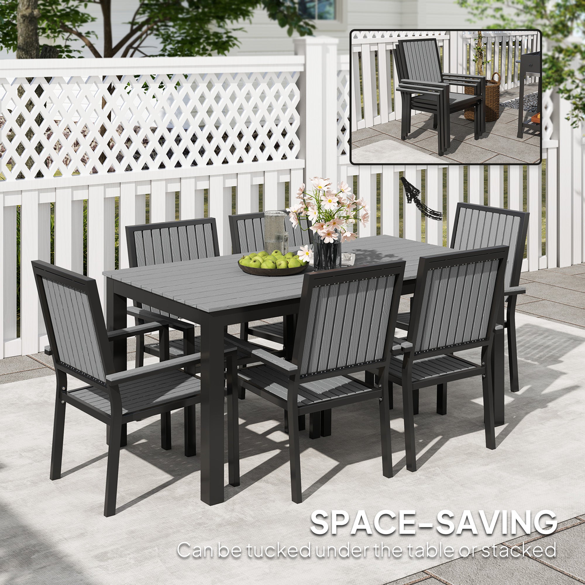 6 Seater Garden Dining Set with Stackable Chairs, Aluminium Frame, Rectangular Plastic Top, Garden Furniture Set, Outdoor Dining Table and Chairs for Patio, Balcony, Poolside, Grey