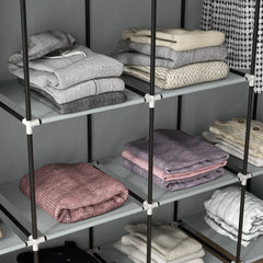 Fabric Wardrobe for Bedroom, Portable Cloth Wardrobe with 10 Compartments, 2 Hanging Rails and 4 Fabric Drawers, 166 x 42.5 x 169.5cm, Dark Grey