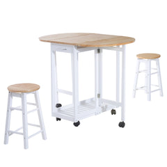 3 Pieces Dining Room Set, Mobile Foldable Dining Table and 2 Stools with Storage Shelf, 2 Drawers and 6 Wheels, Drop Leaf Bar Table and Stools for Home Kitchen Pub, White