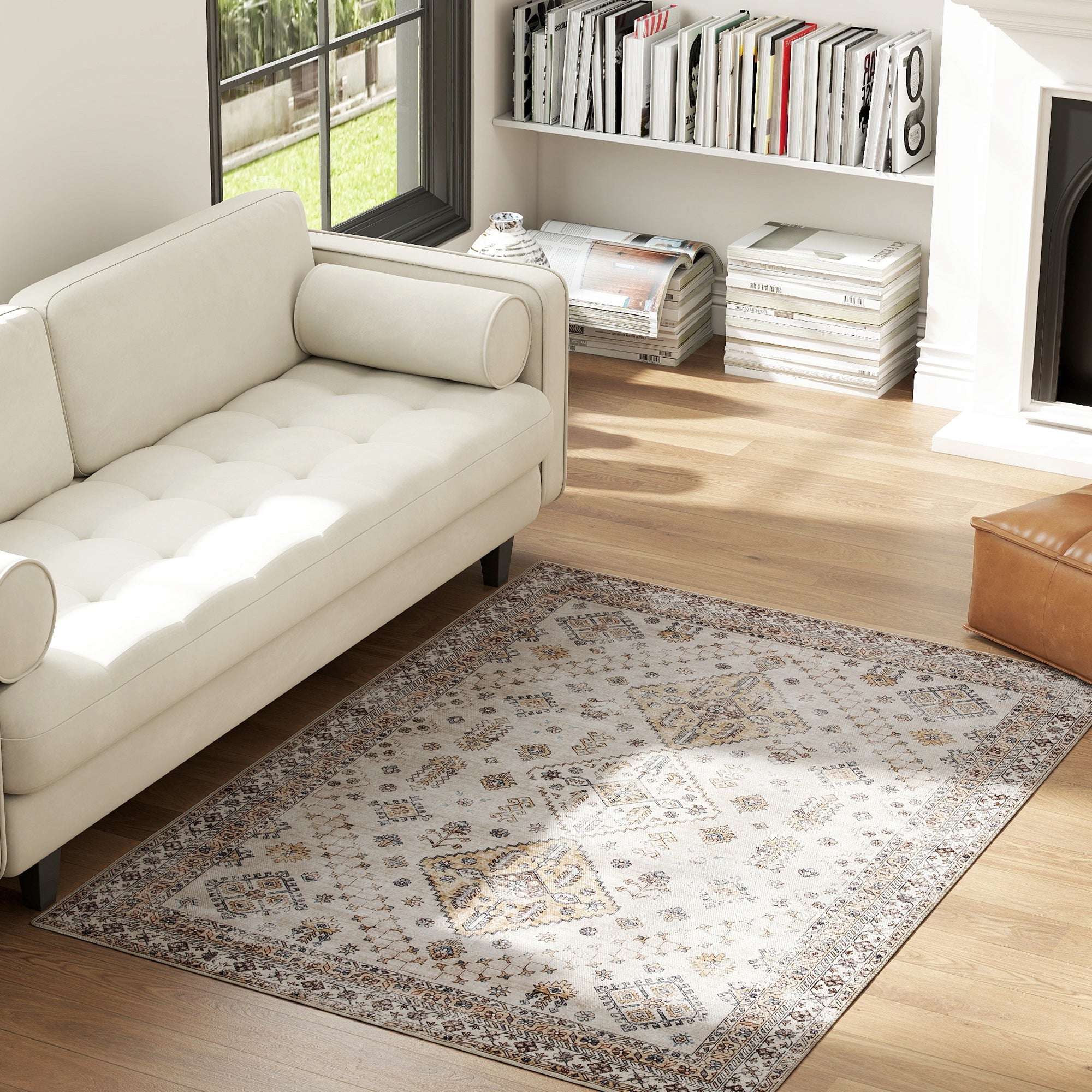 Fynco - Vintage Area Rug, Non-Slip Washable Rug, Flannel Floor Carpet for Living Room, Bedroom, Dining Room, Home Office, 170 x 120 cm, Beige