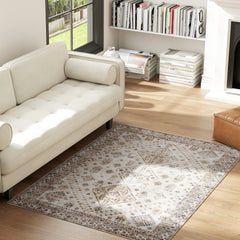 Fynco - Vintage Area Rug, Non-Slip Washable Rug, Flannel Floor Carpet for Living Room, Bedroom, Dining Room, Home Office, 170 x 120 cm, Beige