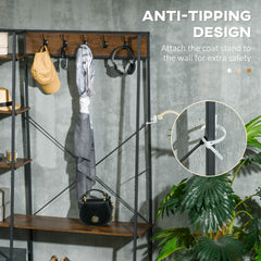 Clothes Rail, Metal Clothes Rack with Shoe Rack, 5 Tier Storage Shelves, 5 Side Hooks, Coat Stand for Bedroom, Living Room, Hallway, Rustic Brown and Black