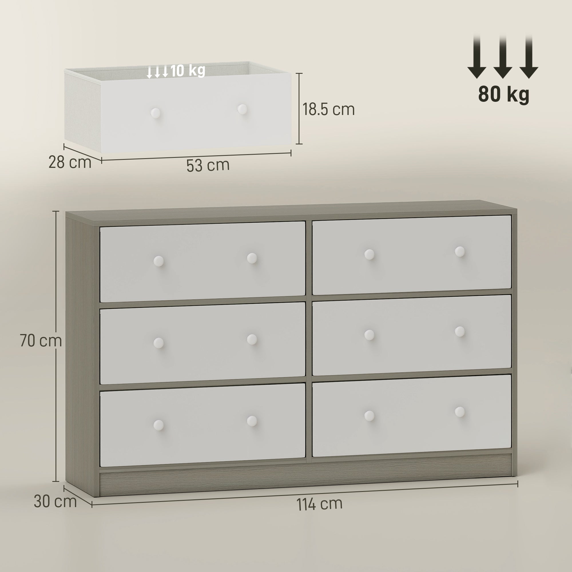 Chest of Drawers, Dresser with 6 Fabric Drawers - White and Grey