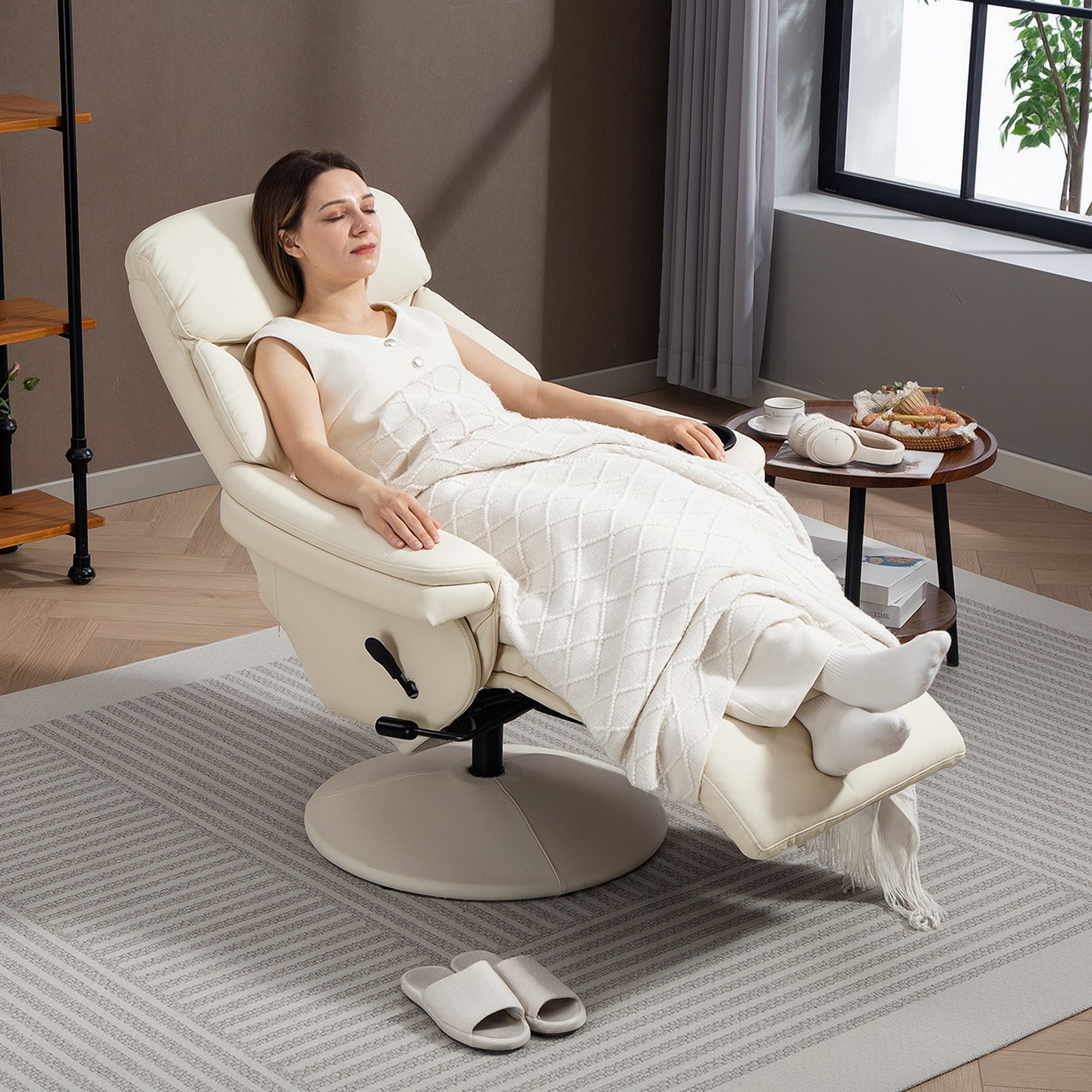 Fynco - Manual Recliner Chair with Footrest, Upholstered Reclining Armchair with Adjustable Backrest and Cup Holder, PU Leather Swivel Chair for Living Room, Bedroom, Cream White