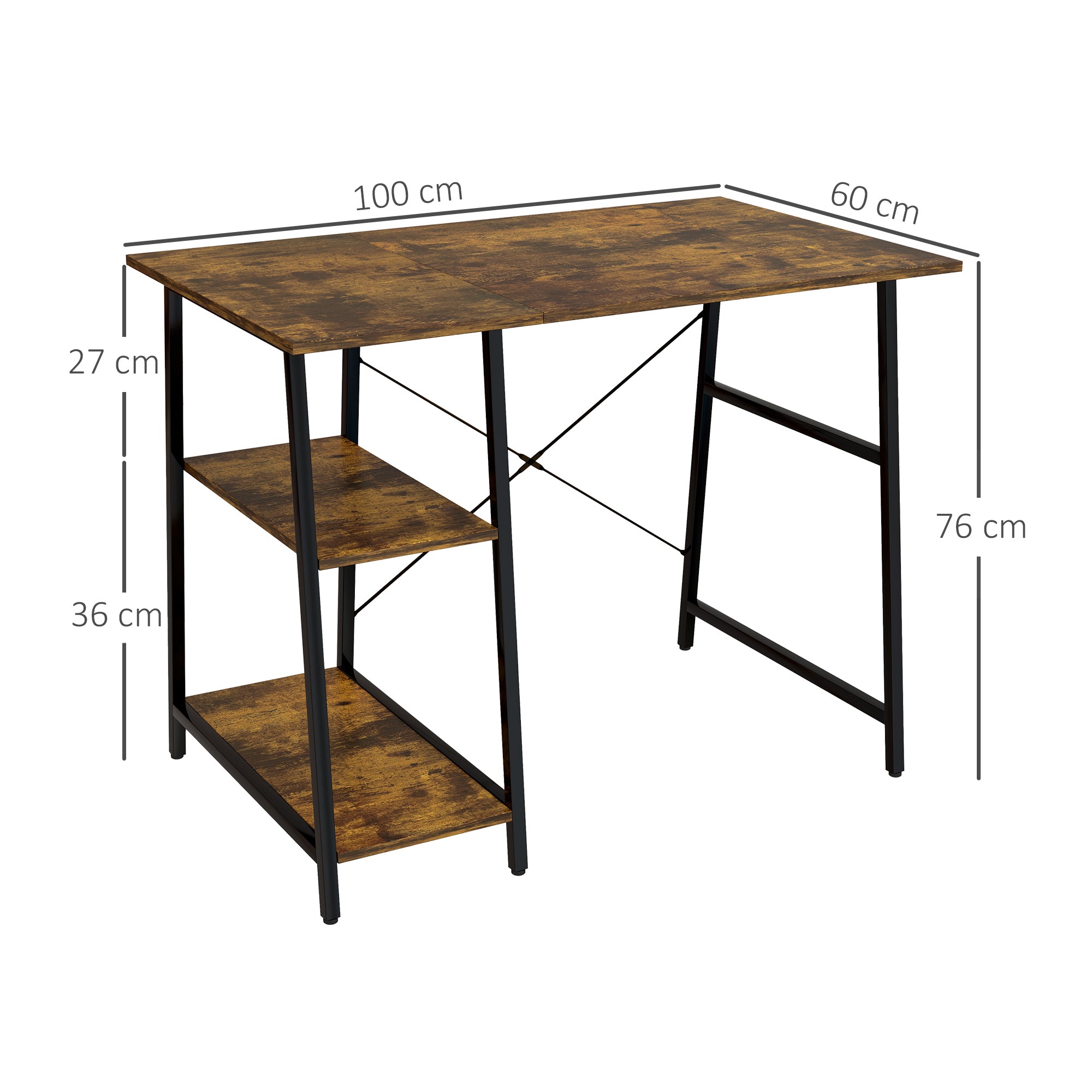 100cm Computer Desk with Storage, Industrial Home Office Desk with 2 Tier Shelves and Steel Frame, Computer Table for Study Room, Rustic Brown