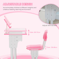 Kids Adjustable Desk and Chair Set, Book Stand, Pen Slot - Pink