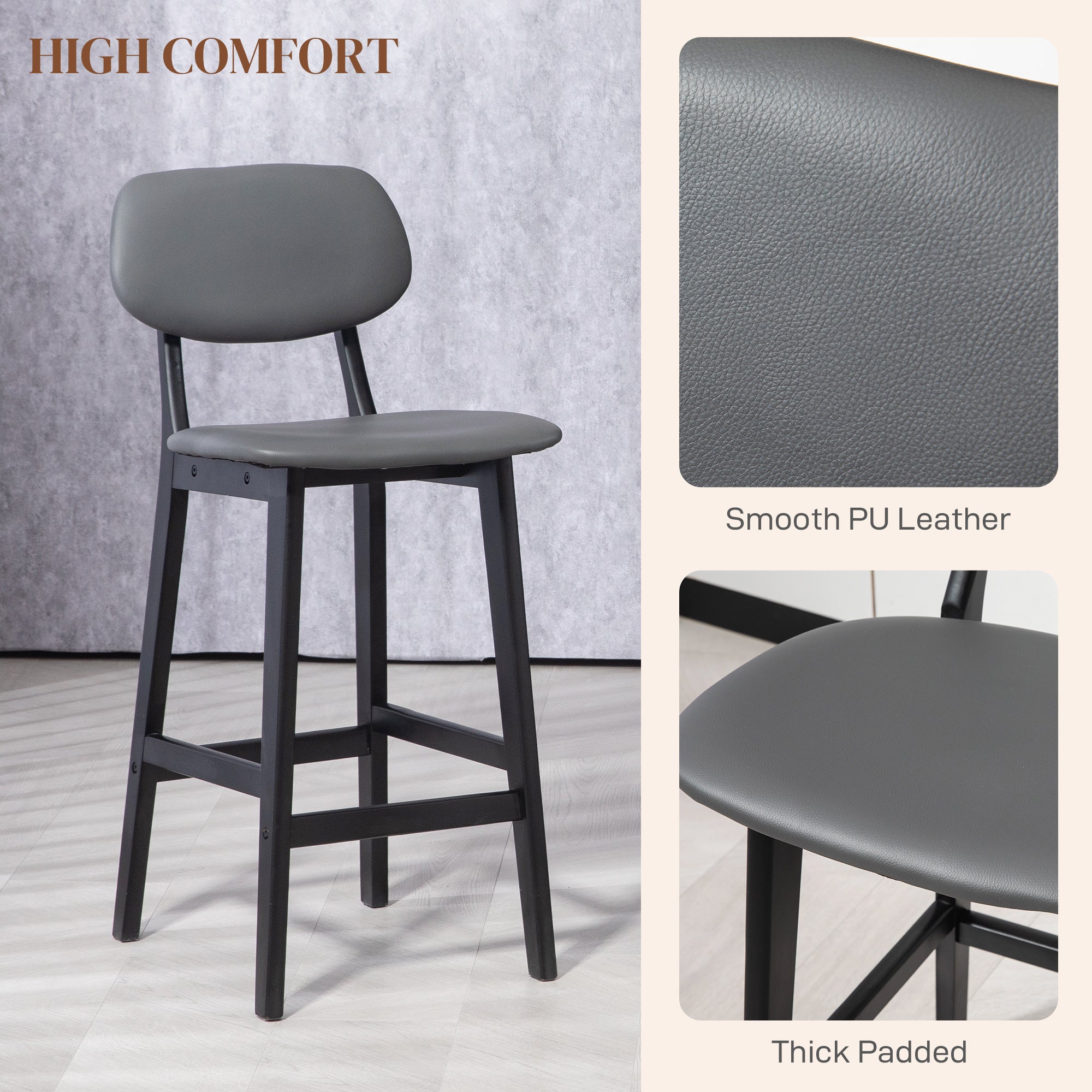 Bar Stools Set of 2, Breakfast Bar Chairs, PU Leather Upholstered Kitchen Stools with Backs, Footrests and Solid Wood Legs, Dark Grey