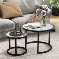 Glass Coffee Table Set of 2, Round Nest of Tables with Marble-Effect Tempered Glass Tabletop and Steel Frame, Modern Side Tables for Living Room, White