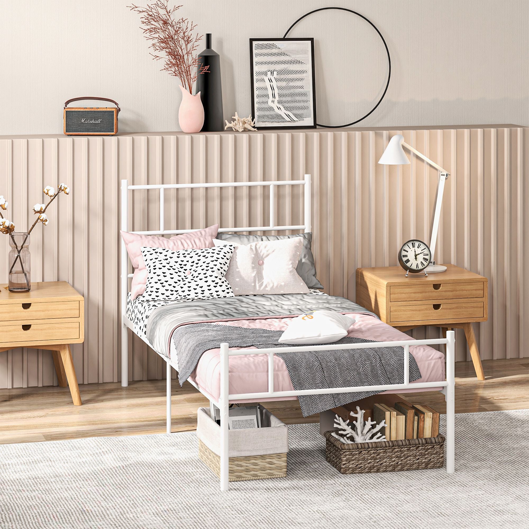 Single Bed Frame, Metal Bed Base with Headboard and Footboard, Metal Slat Support and 31cm Underbed Storage Space