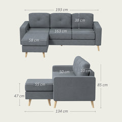 3 Seater Sofa with Footstool, Fabric L-Shaped Sofa, Sectional Couch with Wood Legs, Tufting Cushioned Back for Small Space, Living Room, Office, Dark Grey
