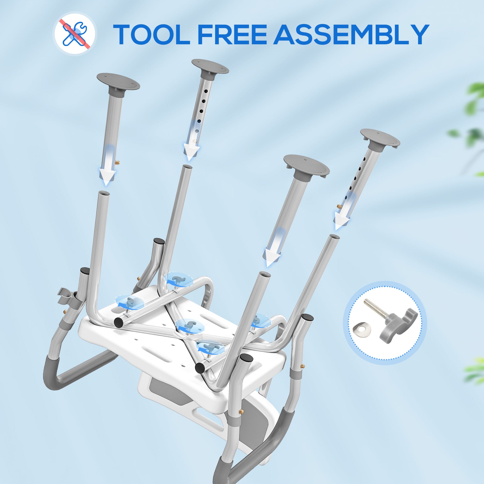 Fynco - EVA Padded Shower Chair for the Elderly and Disabled, Height Adjustable Shower Stool with Back and Arms, 4 Suction Foot Pads, Light Grey