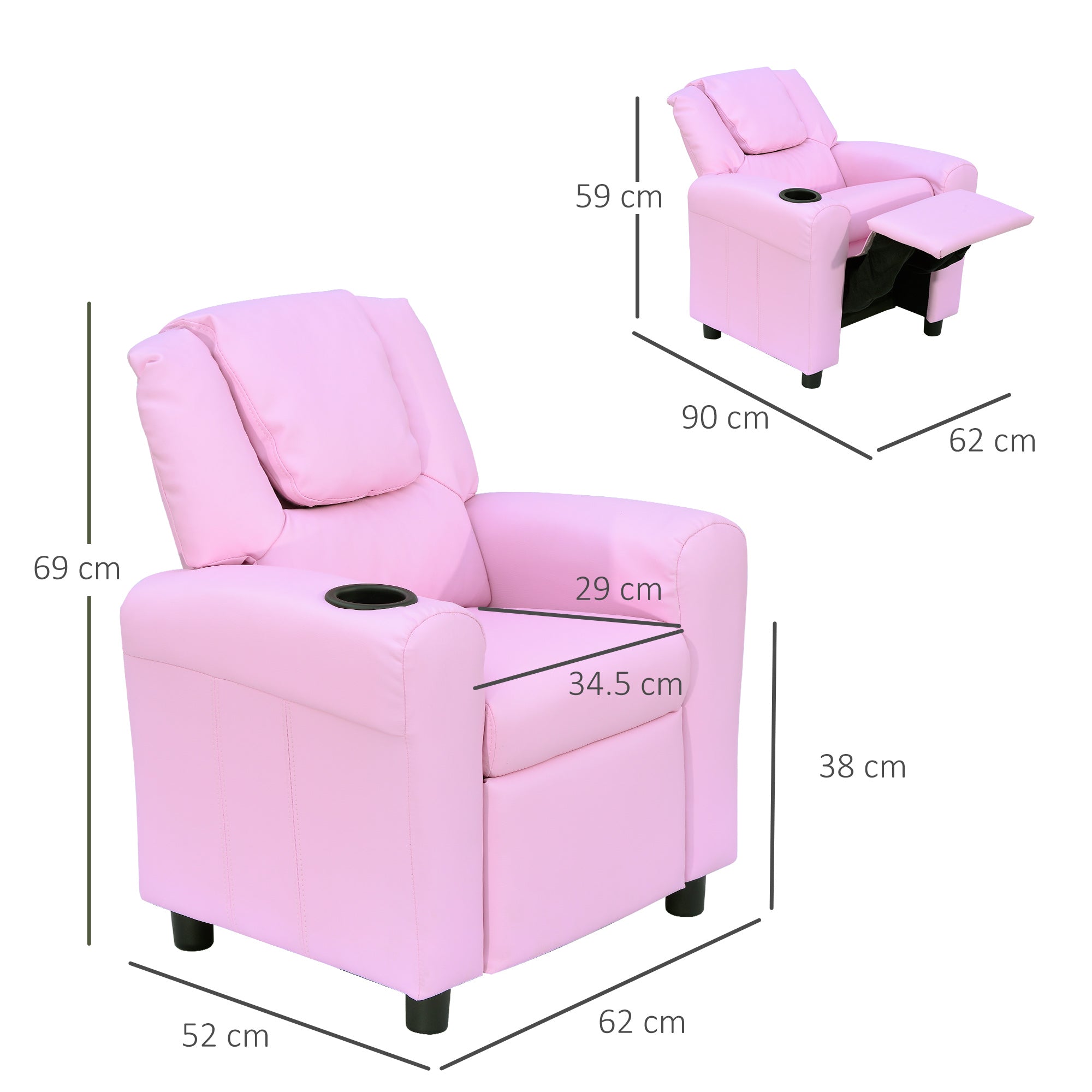Kids Recliner Chair, PU Leather with Adjustable Backrest, Footrest, Padded Headrest, Pink
