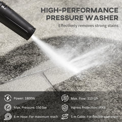 1800W High Pressure Washer, 150 Bar Pressure, 510 L/h Flow, High-Performance Portable Power Washer Jet Wash Cleaner with 6M Hose, Snow Foam Bottle for Garden, Car, Furniture, Yellow