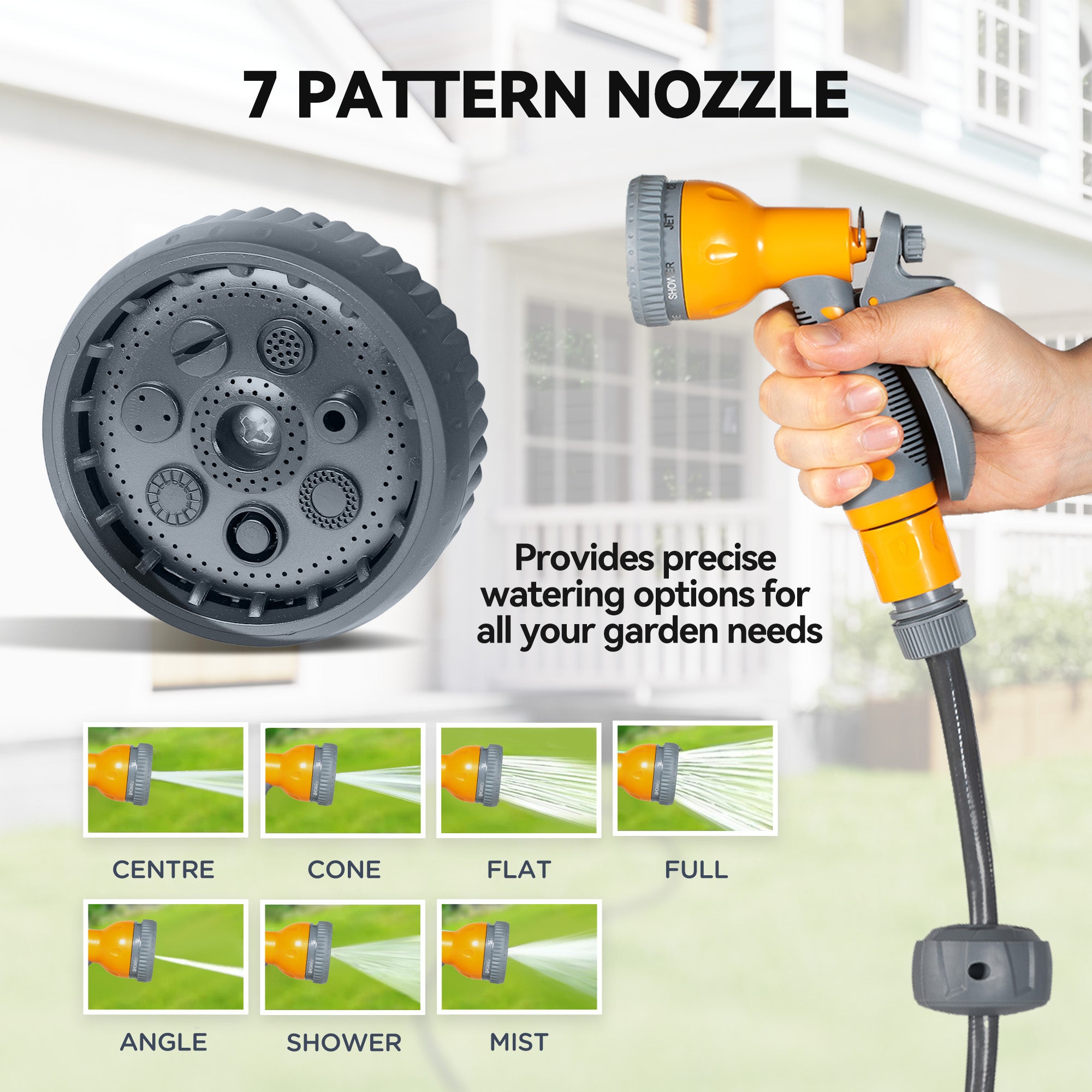 Fynco - Retractable Hose Reel Wall Mounted, 30+2m Garden Hose Pipe Reel with Lock, Auto Rewind, 7 in 1 Spray Nozzle, Includes Wall Fixings, 180° Swivel, Outdoor Watering, Orange