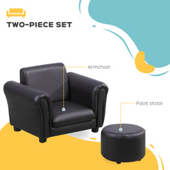 Toddler Chair Single Seater Kids Sofa Set, 54 x 42 x 41cm, Kids Sofa with Stool, Black