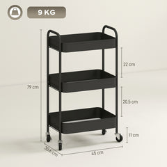 Three-Tier Steel Storage Trolley - Black