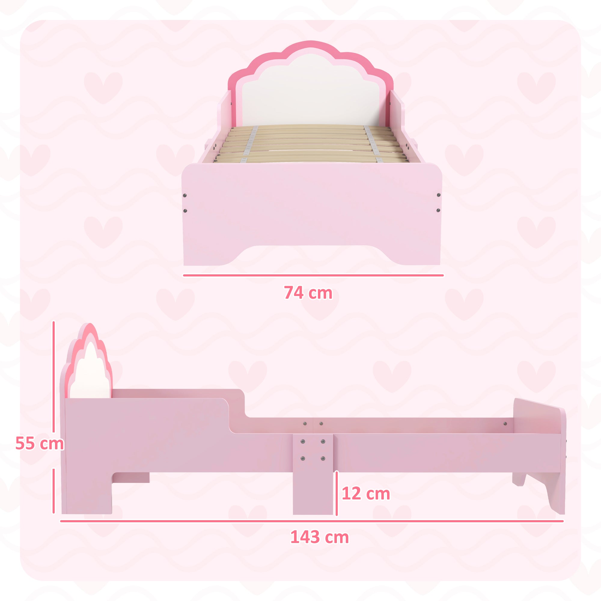 ZONEKIZ Toddler Bed Frame, Princess Bed for Kids, Cloud-Design, 143 x 74 x 55cm - Pink