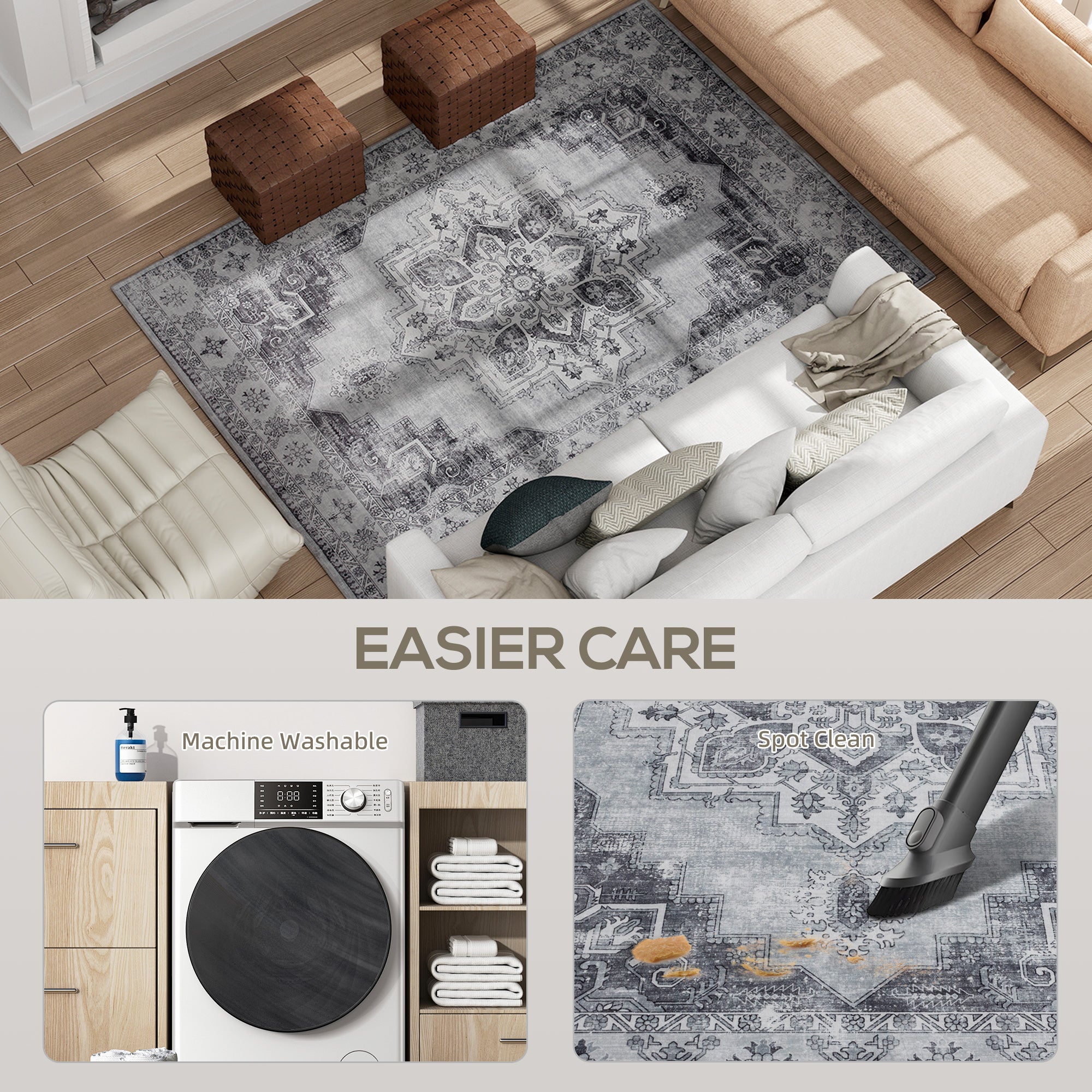 Fynco - Vintage Area Rug, Non-Slip Washable Rug, Flannel Floor Carpet for Living Room, Bedroom, Dining Room, Home Office, 230 x 160 cm, Grey