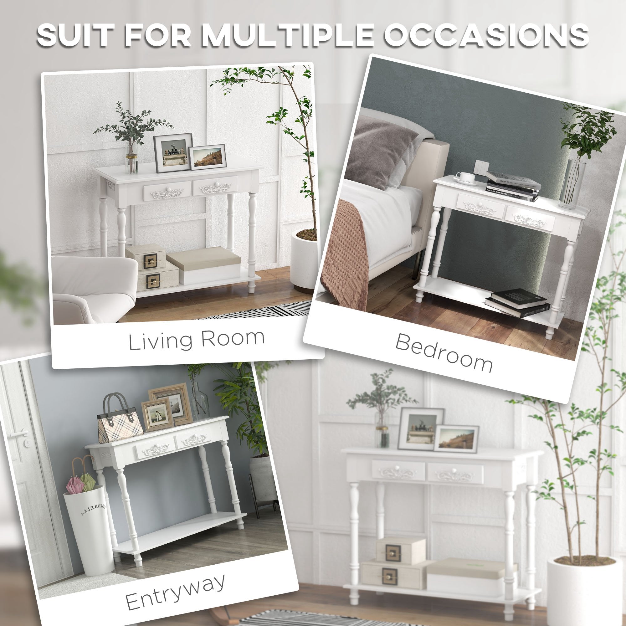 Console Table Modern Sofa Side Desk with Storage Shelves Drawers for Living Room Entryway Bedroom White