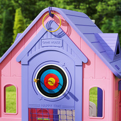 AIYAPLAY 5-in-1 Playhouse for Kids Outdoor Indoor with Basketball Hoop, Football Goal, Dartboard, Ring Toss for 2-5 Years, Pink