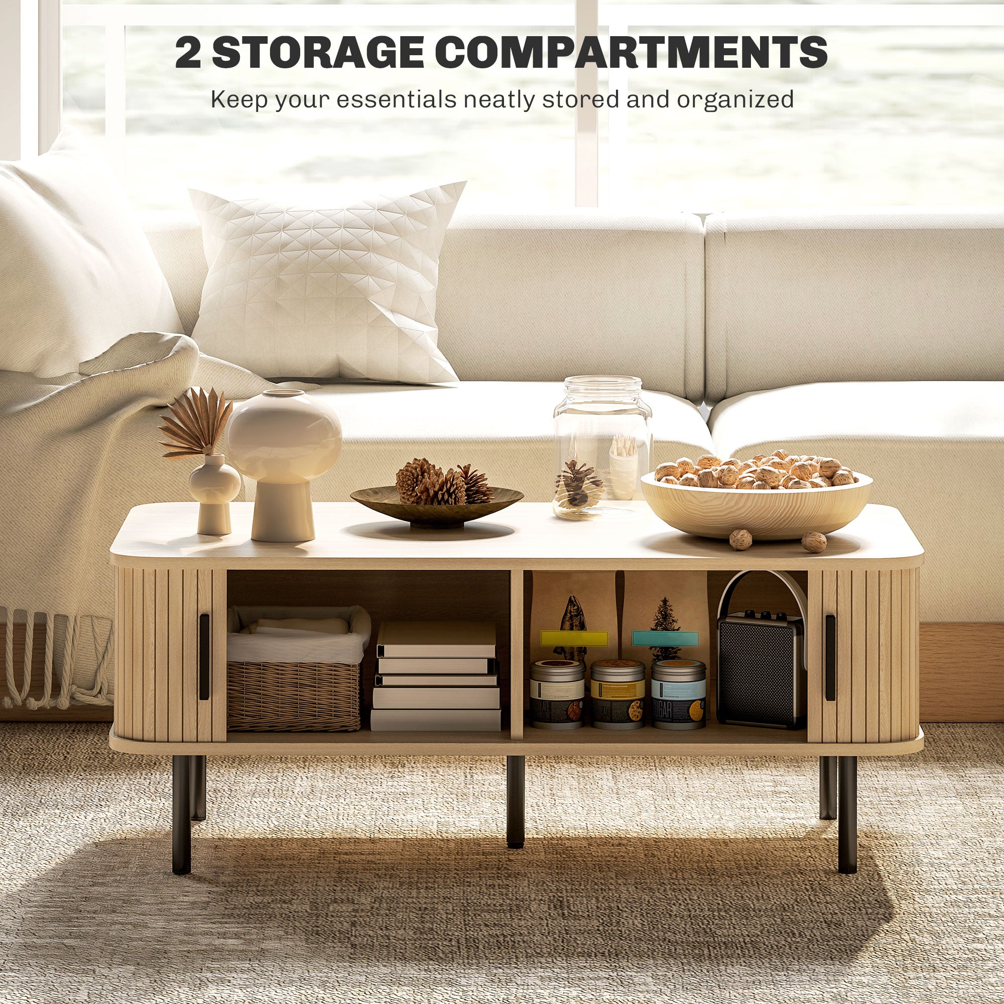 Coffee Table with Storage, Living Room Table with Slatted Tambour Sliding Doors and Foot Pads, Rectangular Coffee Table with Elevated Base for Living Room, Oak