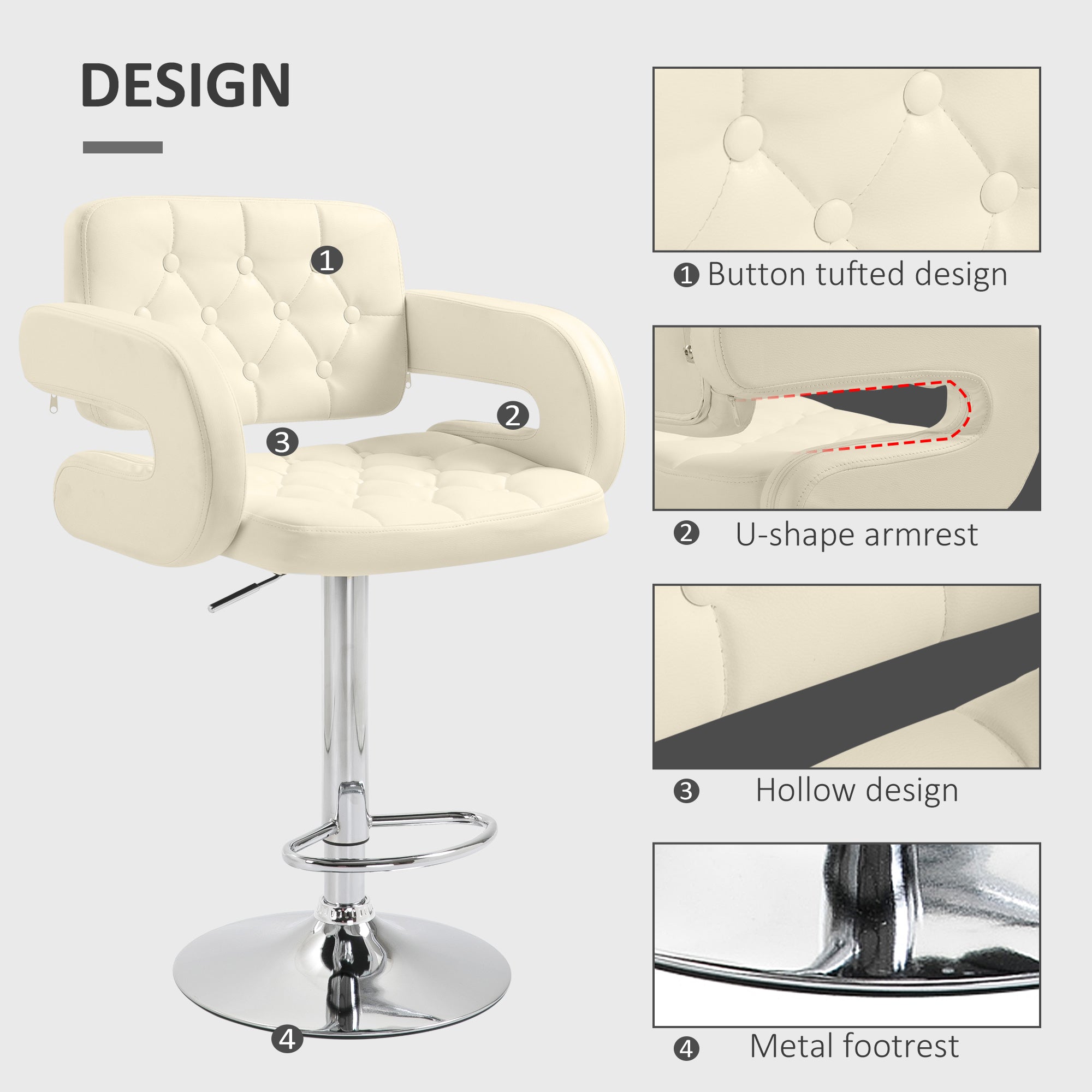 PU Leather Upholstered Swivel Bar Stool, Height Adjustable with Back, Armrest, Footrest, Beige
