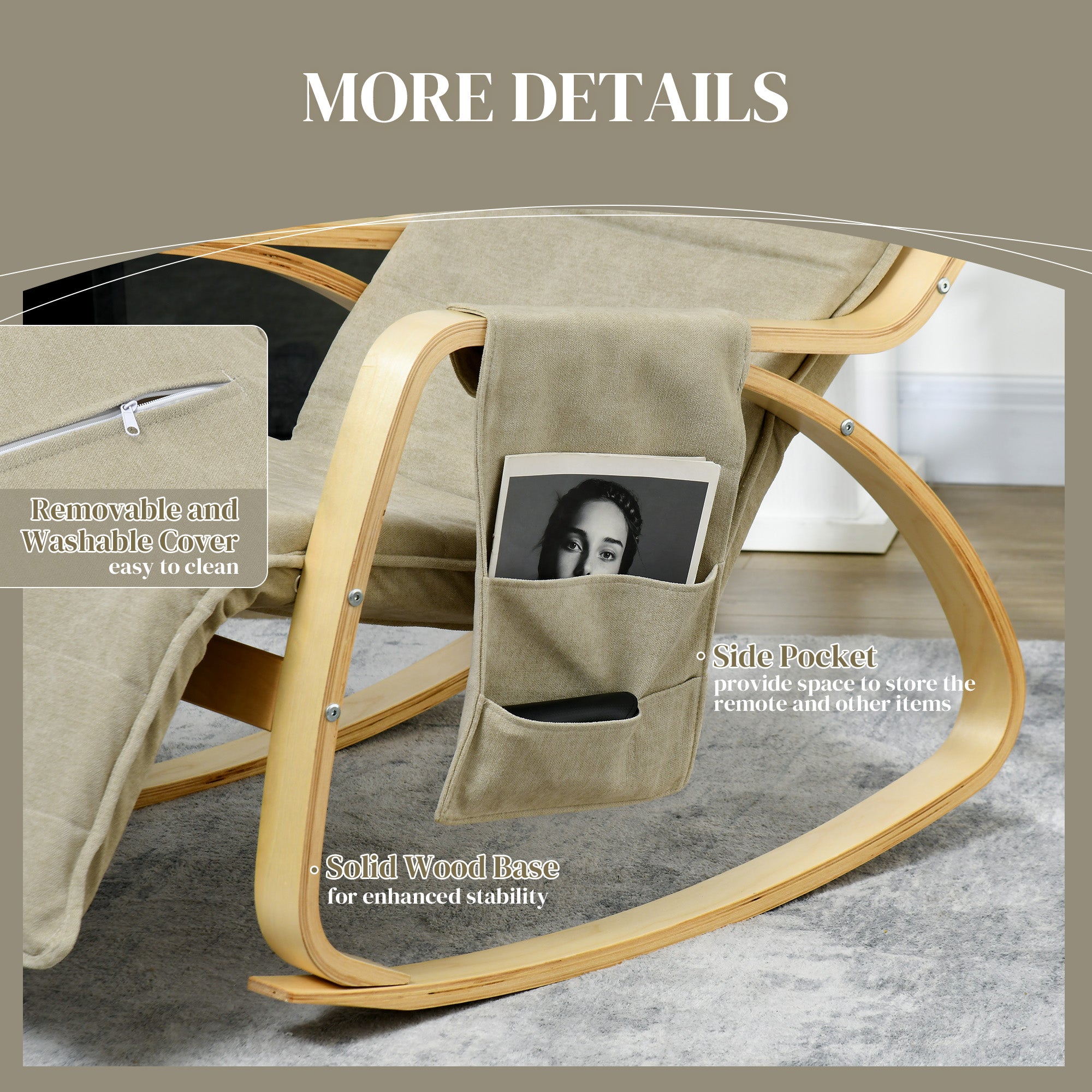 Rocking Lounge Chair Recliner Relaxation Lounging Relaxing Seat with Adjustable Footrest, Side Pocket and Pillow, Khaki