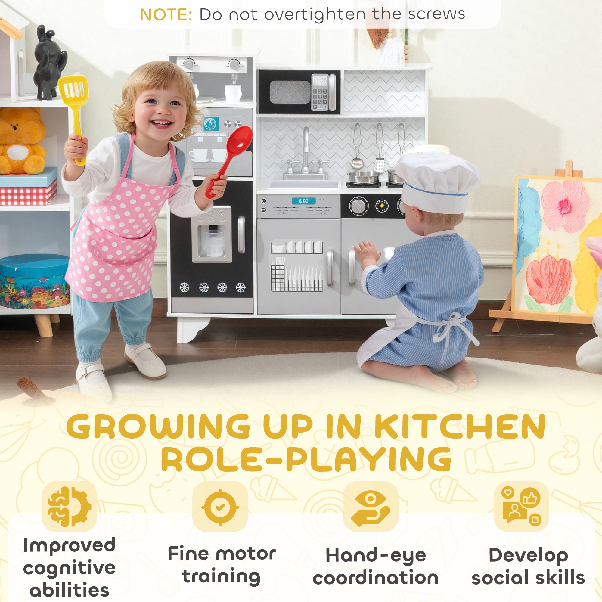 AIYAPLAY Kids Play Kitchen with Sound, Ice/Coffee Maker, Utensils, Microwave, Stainless Steel Utensils, for 3-6 Years