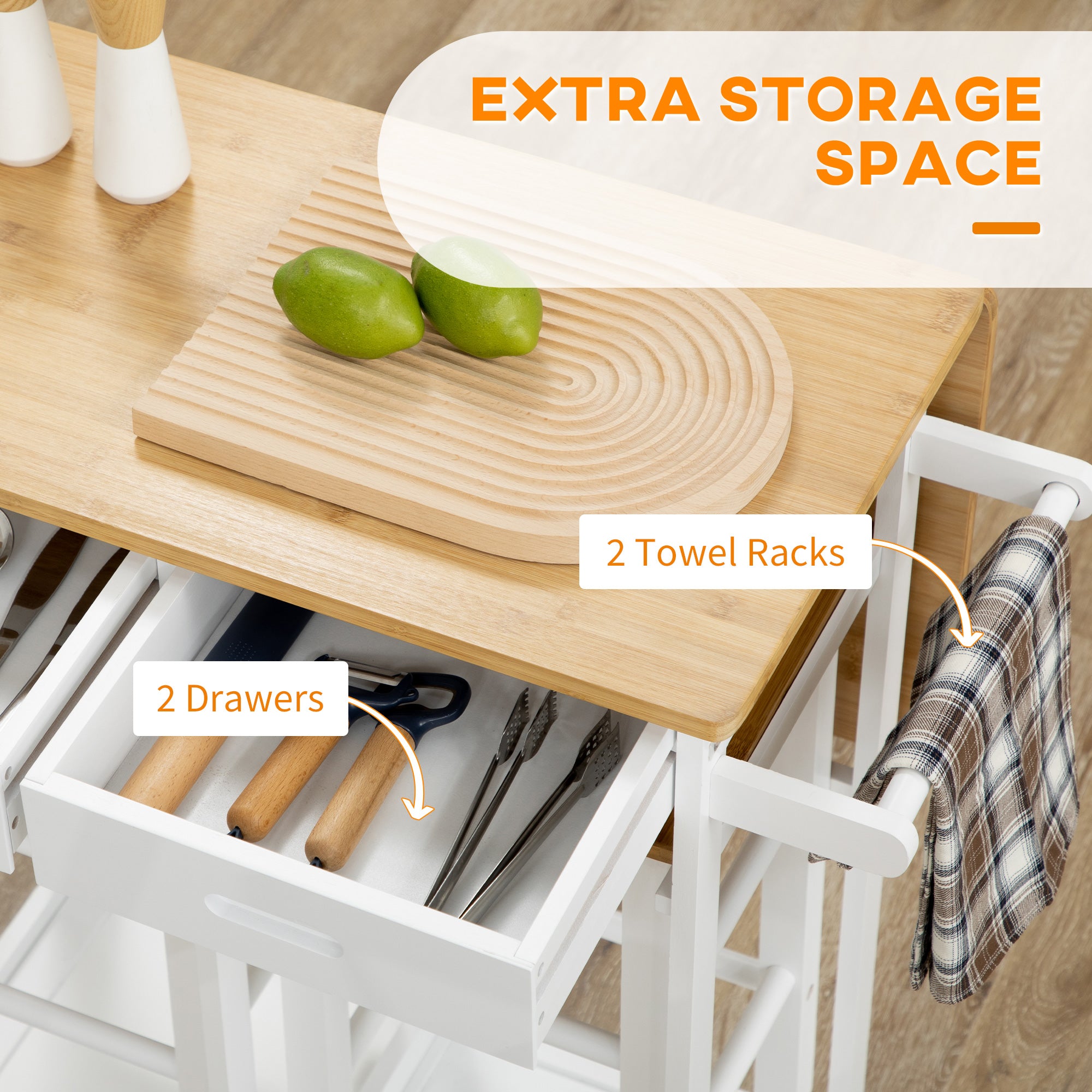 Fynco - Kitchen Island Set with 2 Stools, Bamboo Breakfast Cart with Drop Leaf Top, Drawers and Towel Rack, Rolling Kitchen Cart and Chairs Set, White