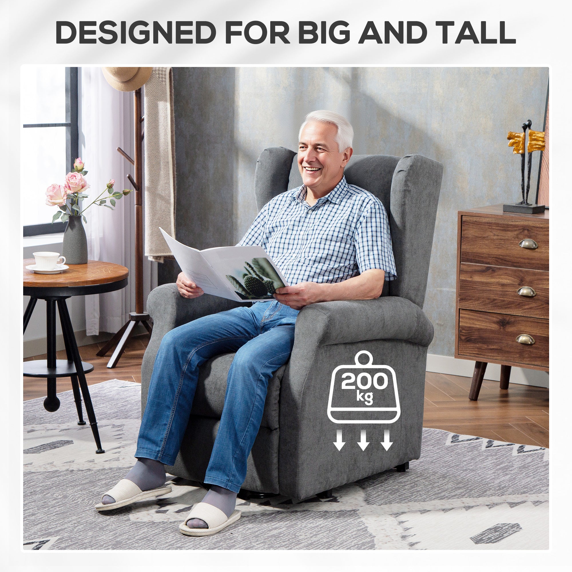 Fynco - Power Lift Recliner Armchair, Electric Lift Chair for Elderly, Fabric Riser and Reclining Chair with Remote Control, Side Pockets, Extended Footrest, for Living Room, Charcoal Grey