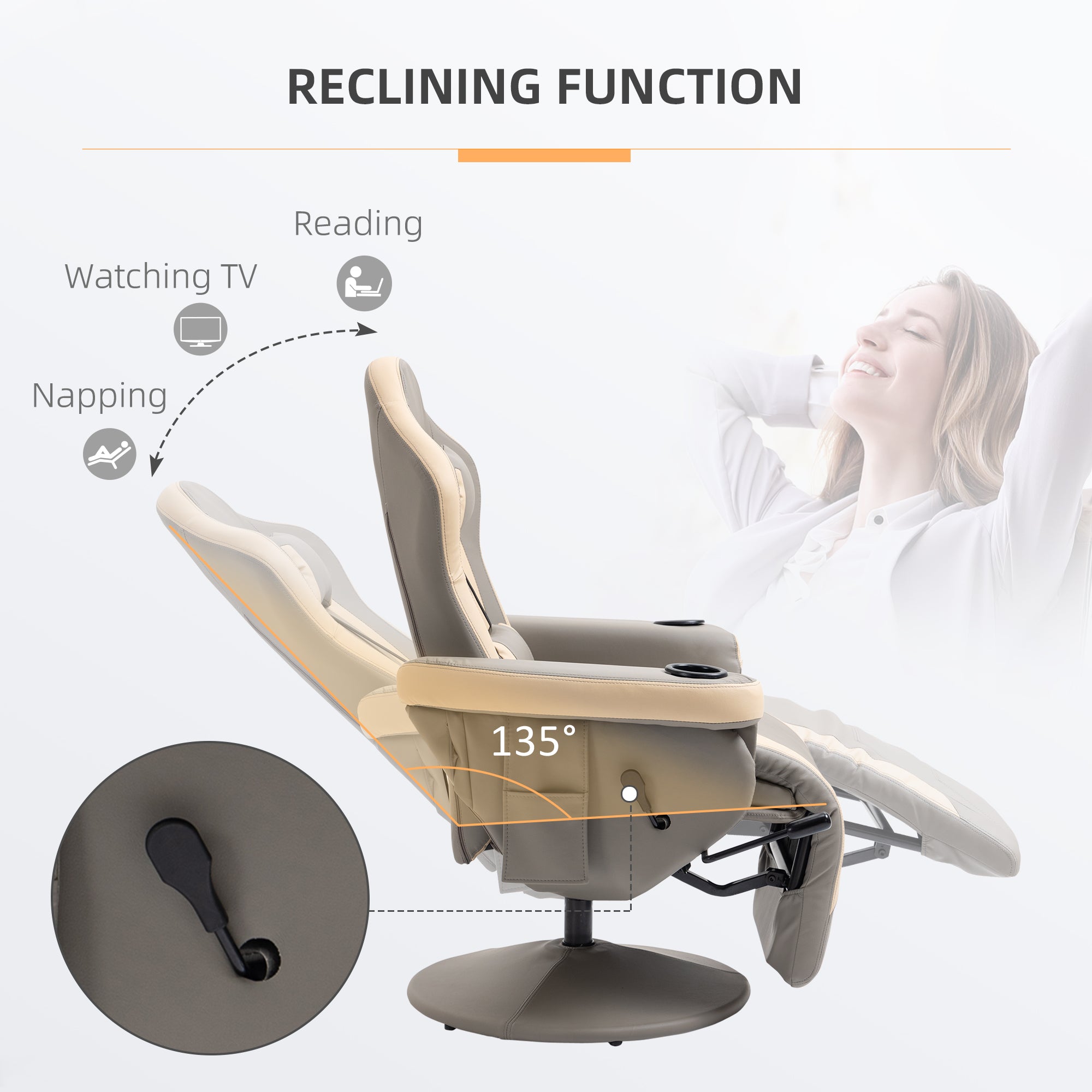 Manual Recliner Armchair PU Leather Lounge Chair w/ Adjustable Leg Rest, 135° Reclining Function, 360° Swivel, Grey