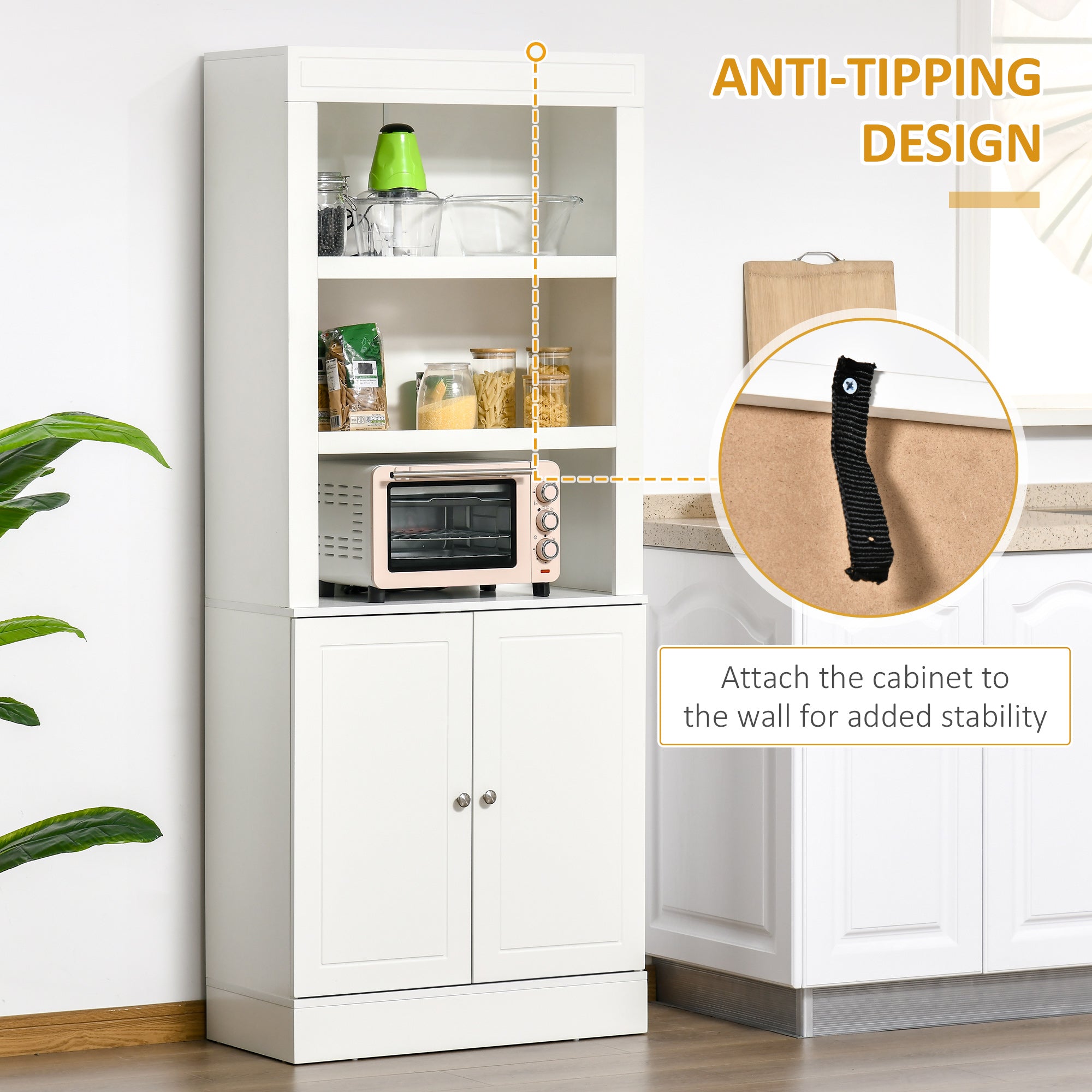 Kitchen Cupboard with 6-tier Shelving, Freestanding Storage Cabinet, Pantry Cupboard with 3 Open Compartments and Double-door Cabinet with Adjustable Shelves, White