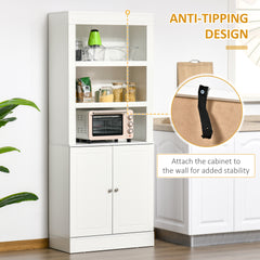 Kitchen Cupboard with 6-tier Shelving, Freestanding Storage Cabinet, Pantry Cupboard with 3 Open Compartments and Double-door Cabinet with Adjustable Shelves, White