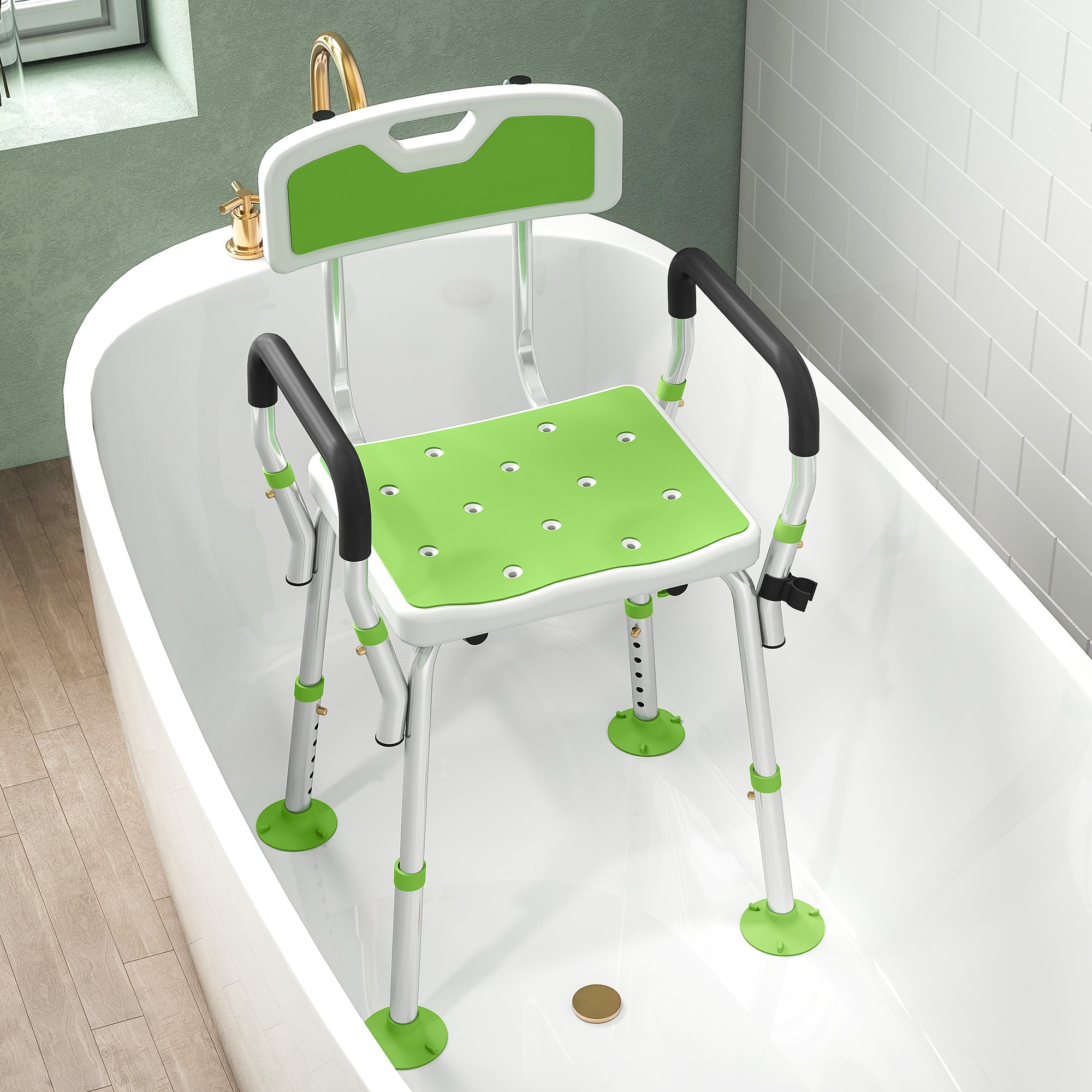 Fynco - EVA Padded Shower Chair for the Elderly and Disabled, Height Adjustable Shower Stool with Back and Arms, 4 Suction Foot Pads, Green