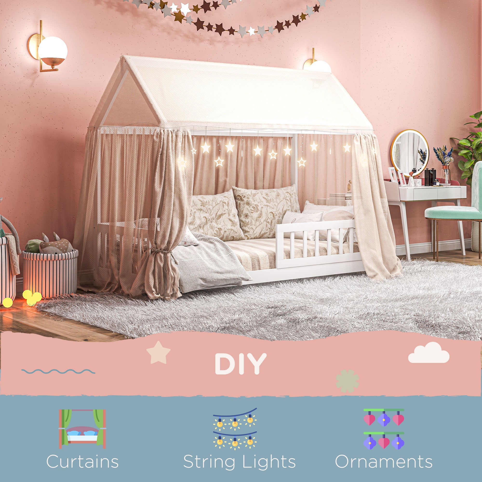 House-Shaped Kids Bed Frame with Safety Fence, Solid Pine Wood Single Bed Frame for Kids Boys and Girls