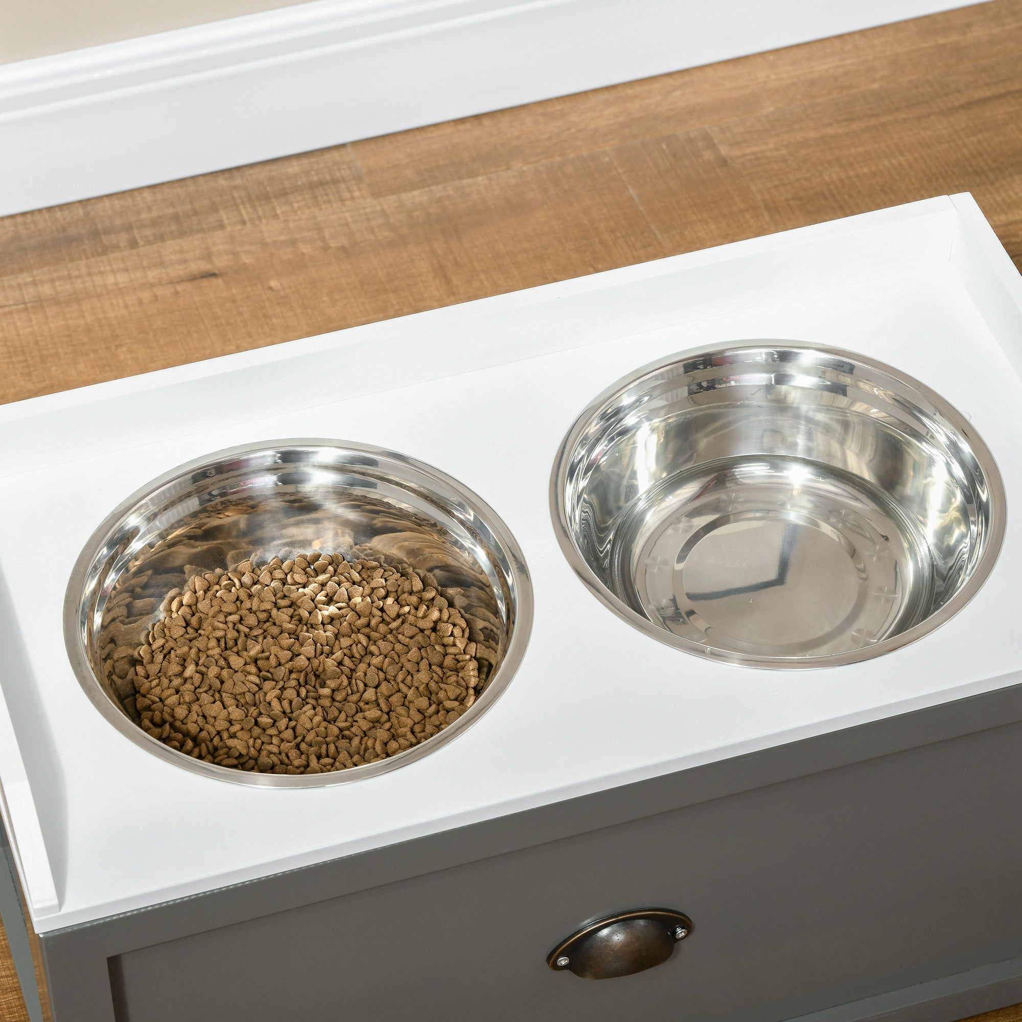 Stainless Steel Raised Dog Bowls, with 21L Storage Drawer for Large Dogs - Grey