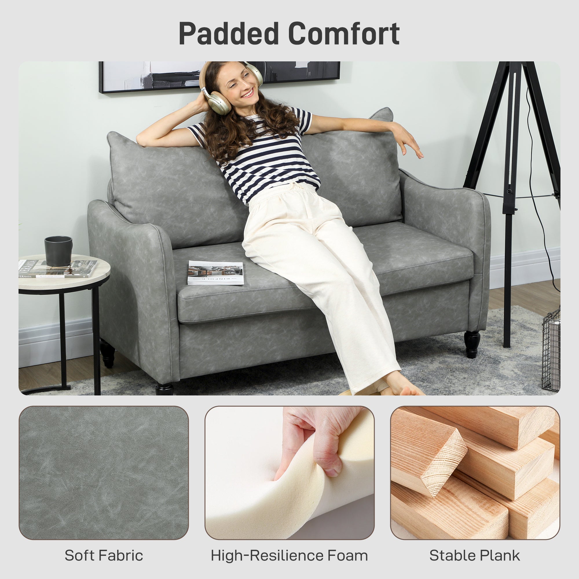 Fynco - Faux Leather Marble-Effect Two-Seater Sofa - Grey