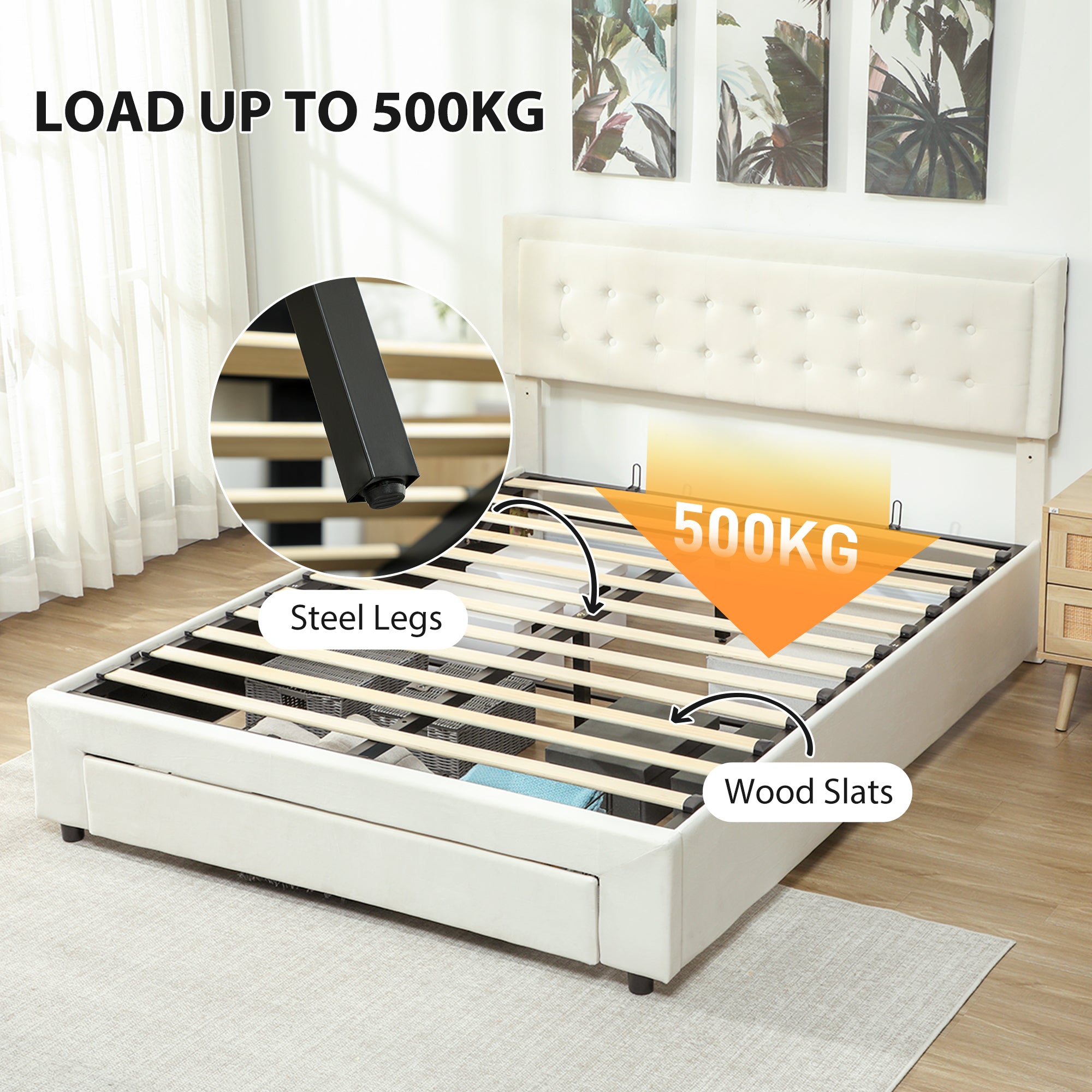 Fynco - King Size Ottoman Bed Frame, with Front Drawer - Cream