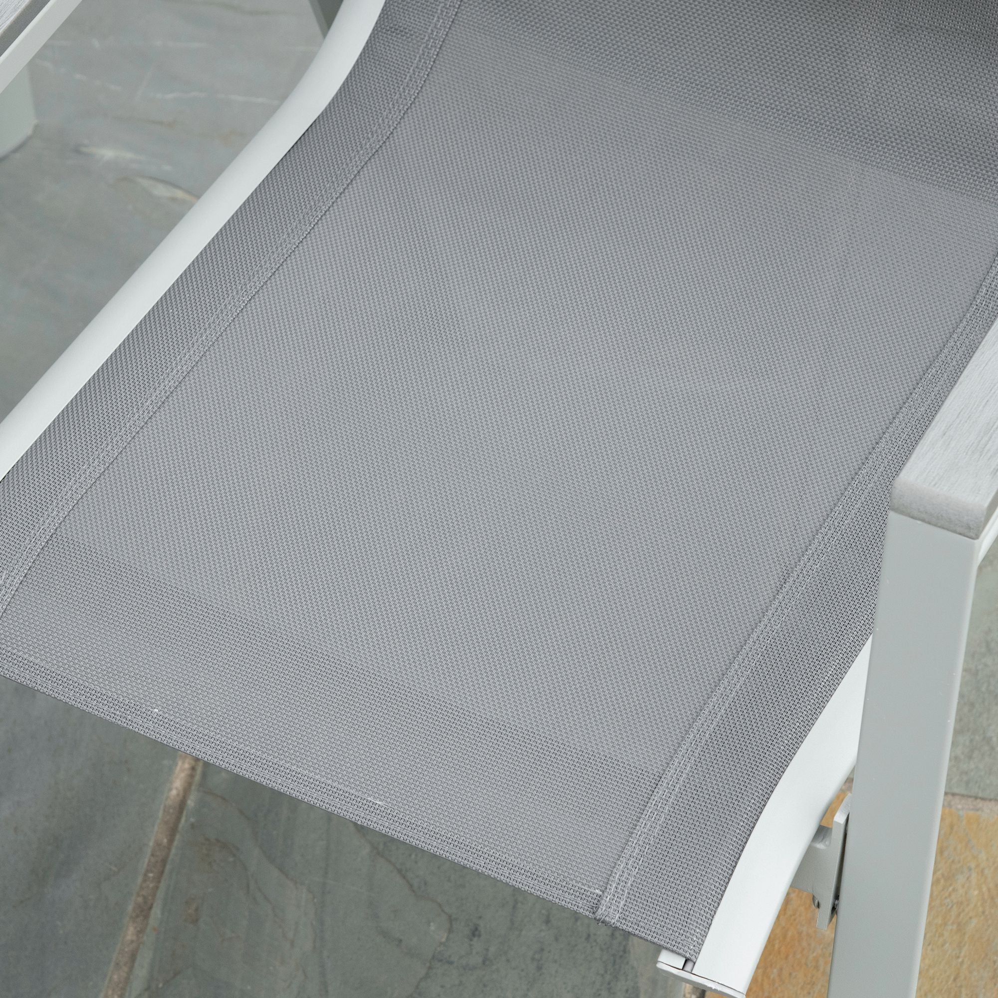 7 Pieces Garden Dining Set, Outdoor Table and 6 Armchairs, Aluminium Frame, Slatted Wood Grain Plastic Top Table, Breathable Mesh Fabric Seats and Backrest, Light Grey