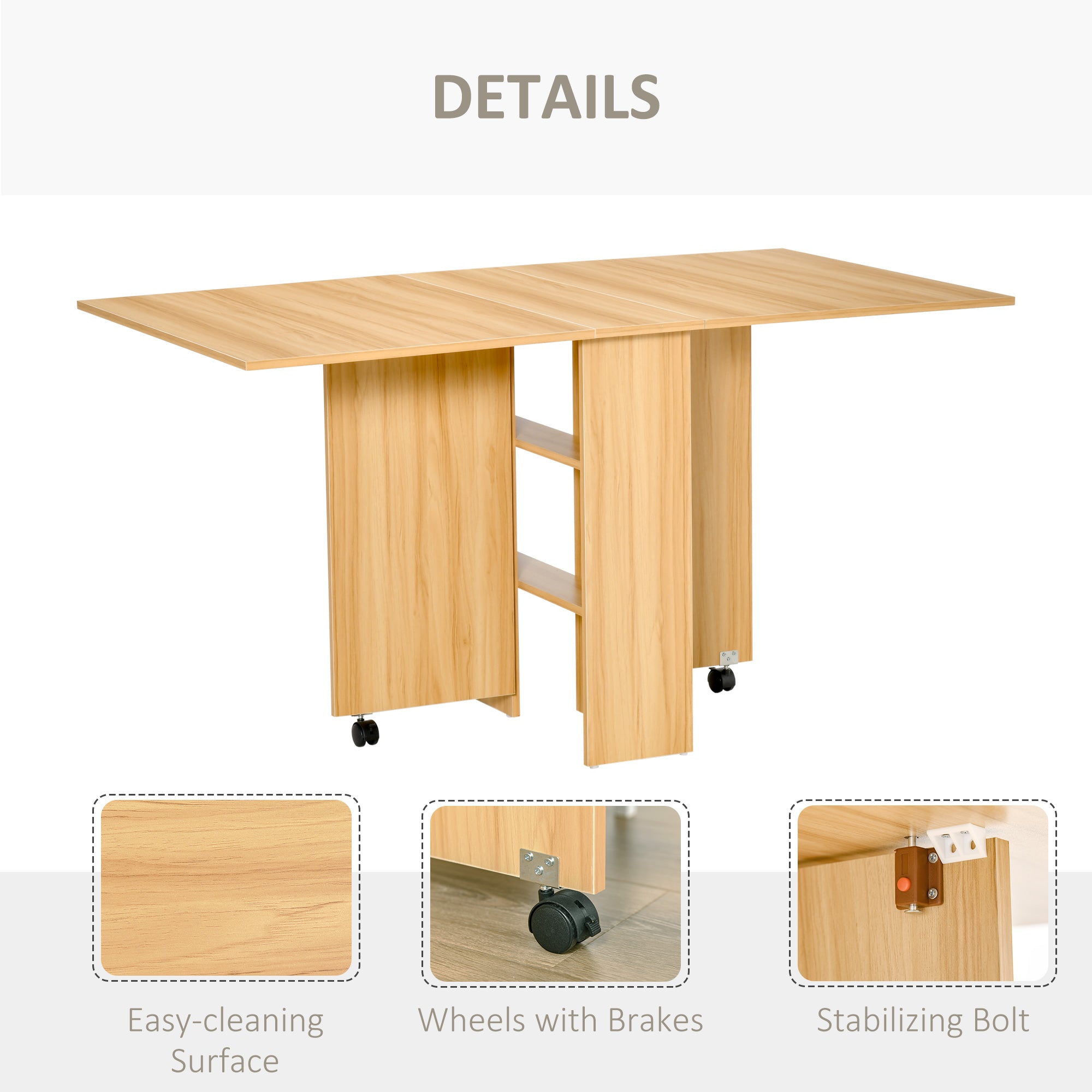 Fynco - Folding Dining Table, Drop Leaf Table for Small Spaces, Foldable Rectangular Tabletop with Storage Shelves for Kitchen, Dining Room, Teak