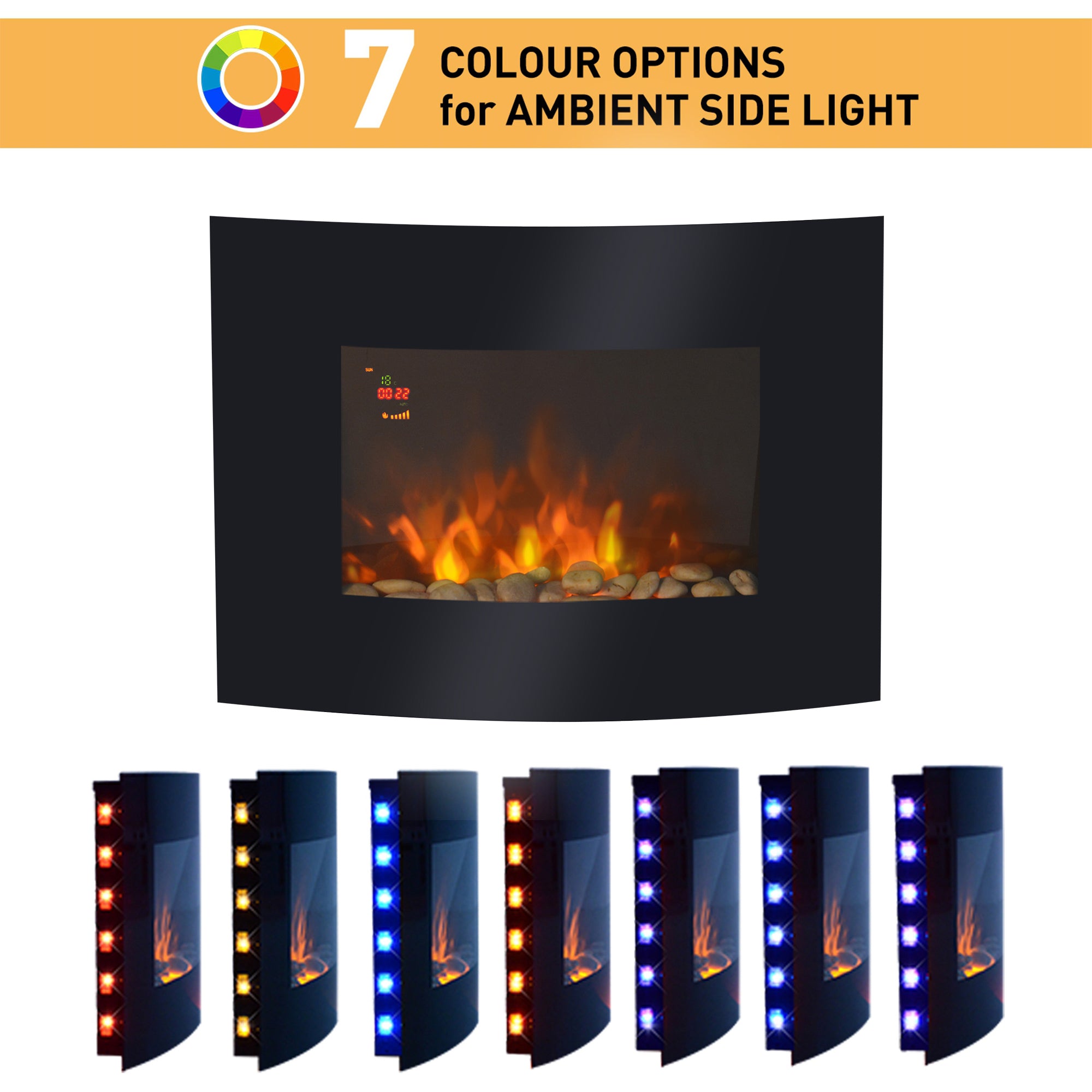 Fynco - Led Wall Mounted Fireplace Curved Glass Electric Fire Place Fire Place 7 Colour Side Lights Slimline, 900/1800W, 65cm x 52cm